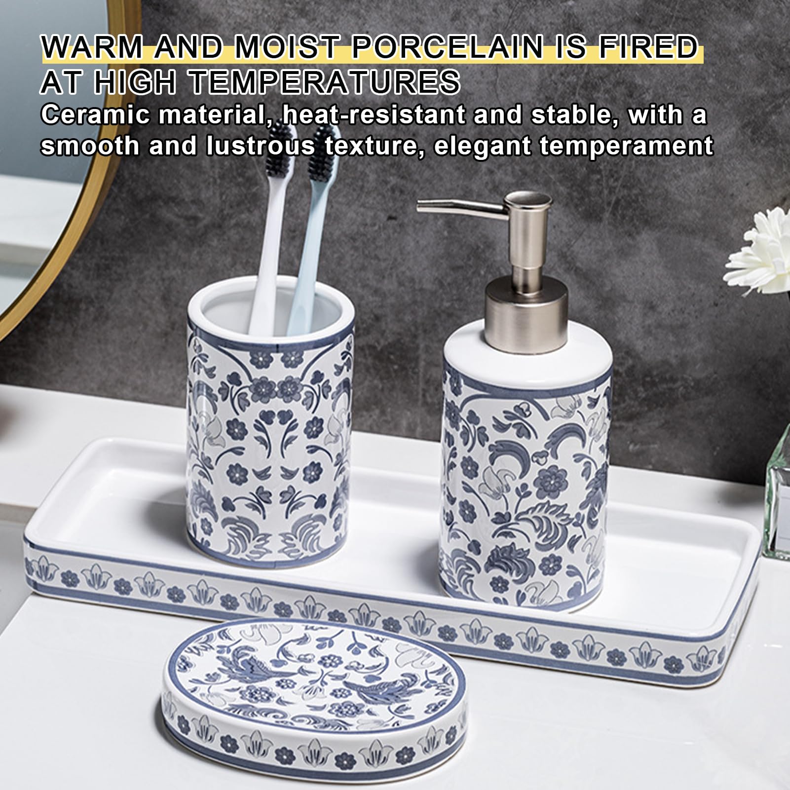Lot De 4 Accessoires De Salle De Bain en Céramique, Distributeur De Lotion, Porte-Brosse À Dents, Boîte À Savon en Céramique avec Plateau, Décoration De Bain Moderne (A)