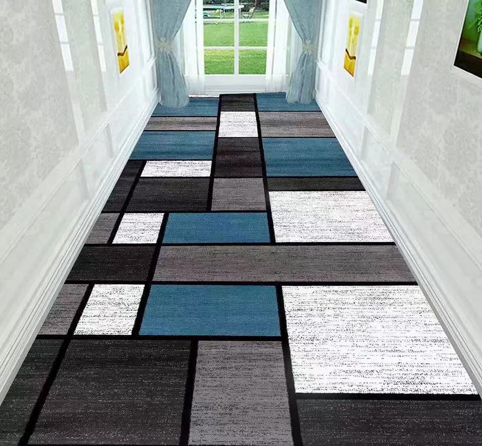 ZZUU Modern Geometric Trellis Pattern Carpet Runners For Hallways - Non Slip And Washable,Hardwearing Machine Washable Kitchen Hall Bathroom Runner Mat Rug Custom