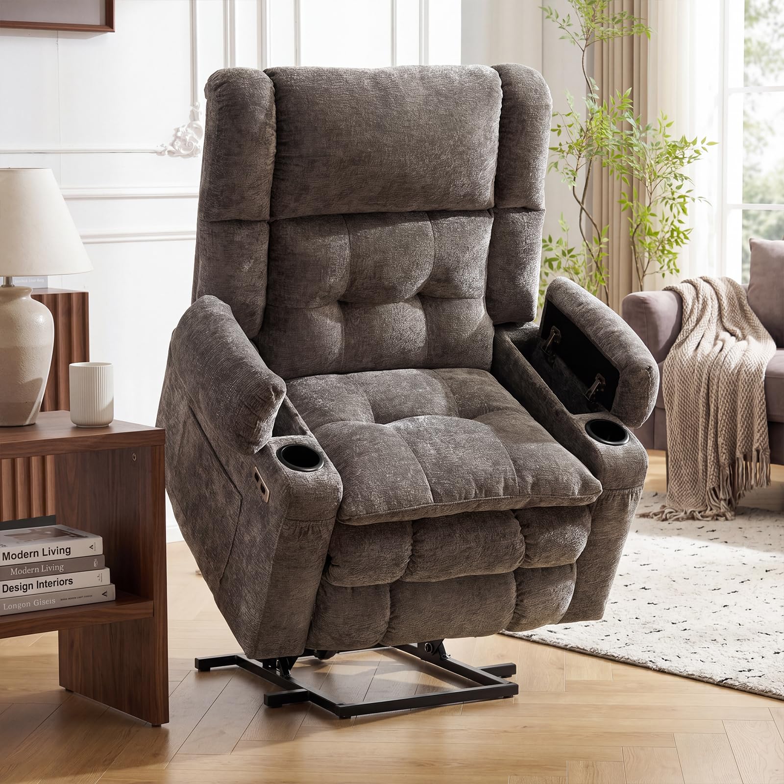 Oversized Lift Chair for Elderly with Massage and Heat, Dual Motor Power Lift Recliner Chair with Arm Storage, Lay Flat Lift Recliner for Lving Room, Big Tall, Infinite Position, Grey
