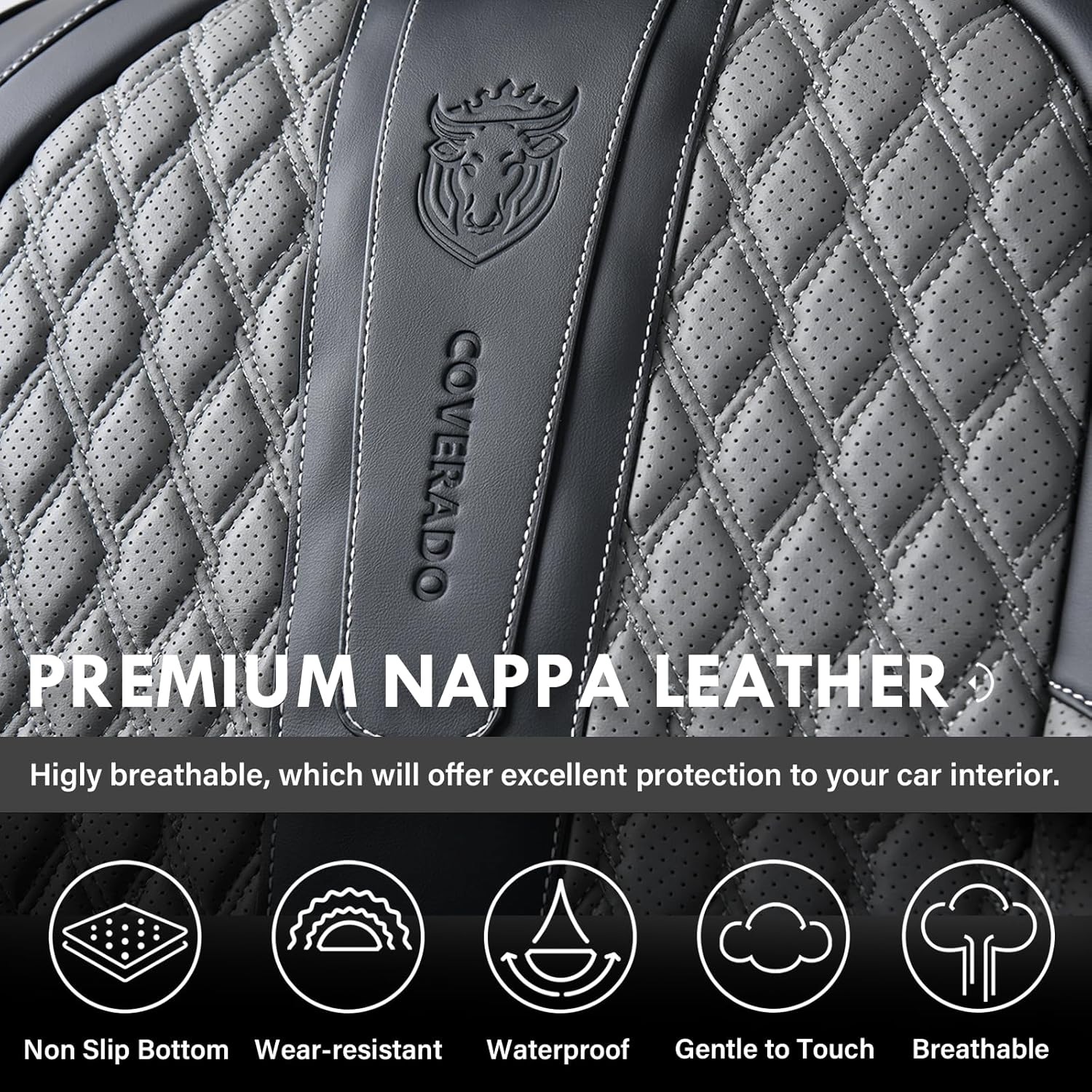 Coverado Car Seat Covers Full Set, Nappa Leather Seat Covers for Car, Waterproof Car Seat Protector with Lumbar Support, Automotive Seat Covers Universal Fit for Most Cars SUV Trucks (Gray)