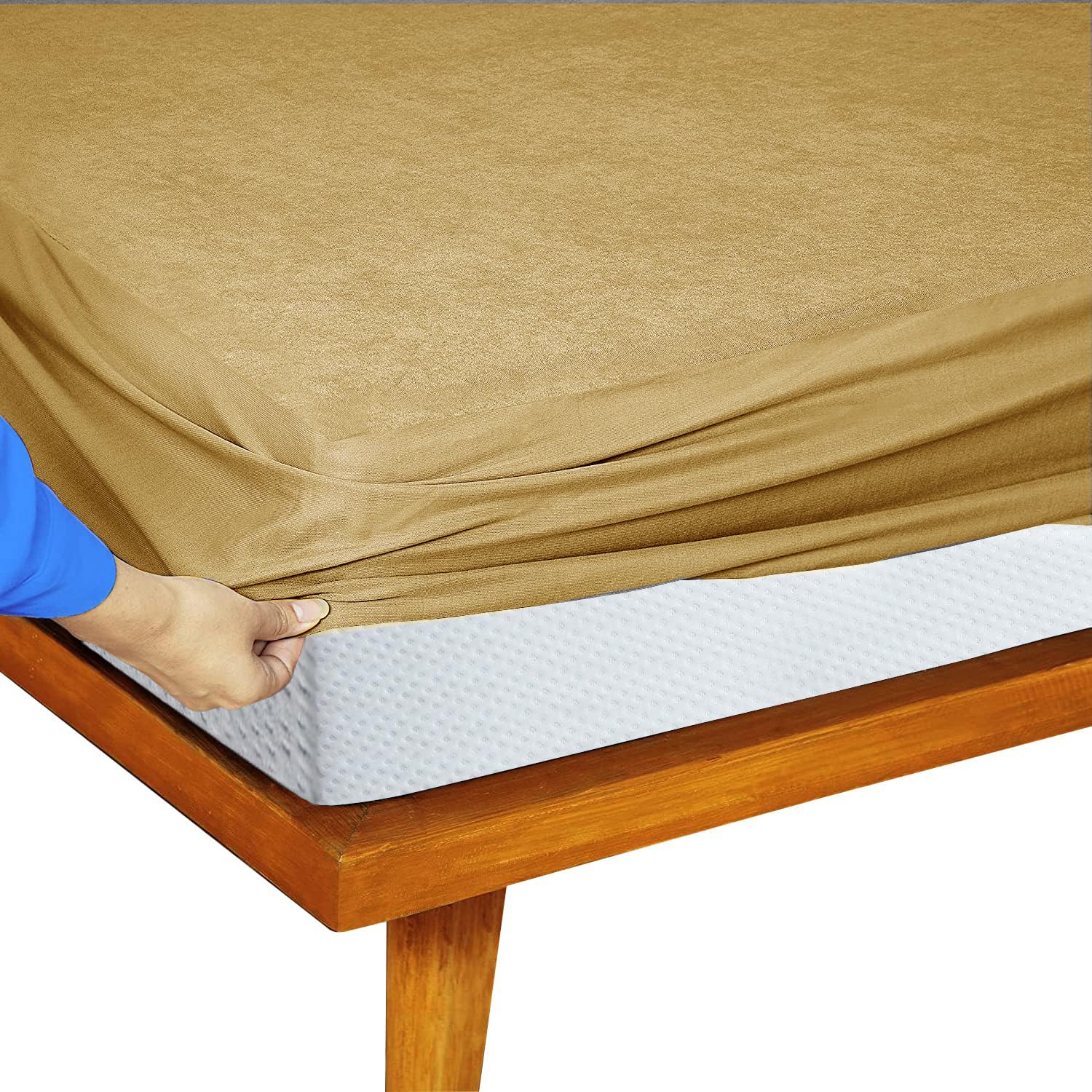 Feelme Mattress Cover Queen Size 75x66 Waterproof Cotton Mattress Protector for Queen Size Bed (75x66 Inch/ 6.25x5.5 Feet Beige) 210 GSM 100% Waterproof-image-2