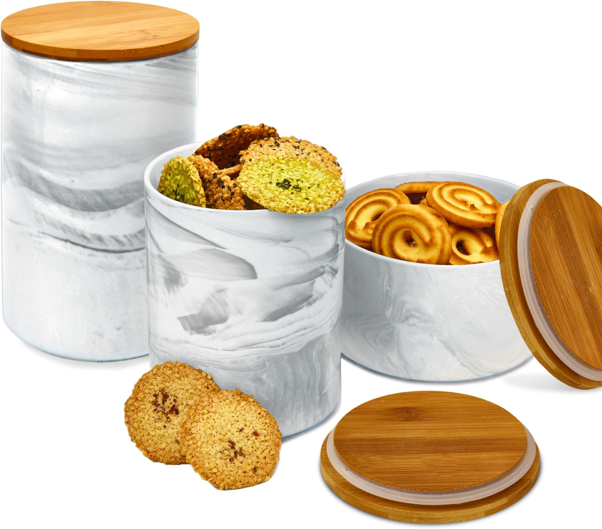 3pc Porcelain Kitchen Canister Set with Bamboo Lids - Grey Marble Containers with Airtight Seal – Sugar, Coffee, Flour or Food Storage Jar - Planter Flower Pot - by Marbelous
