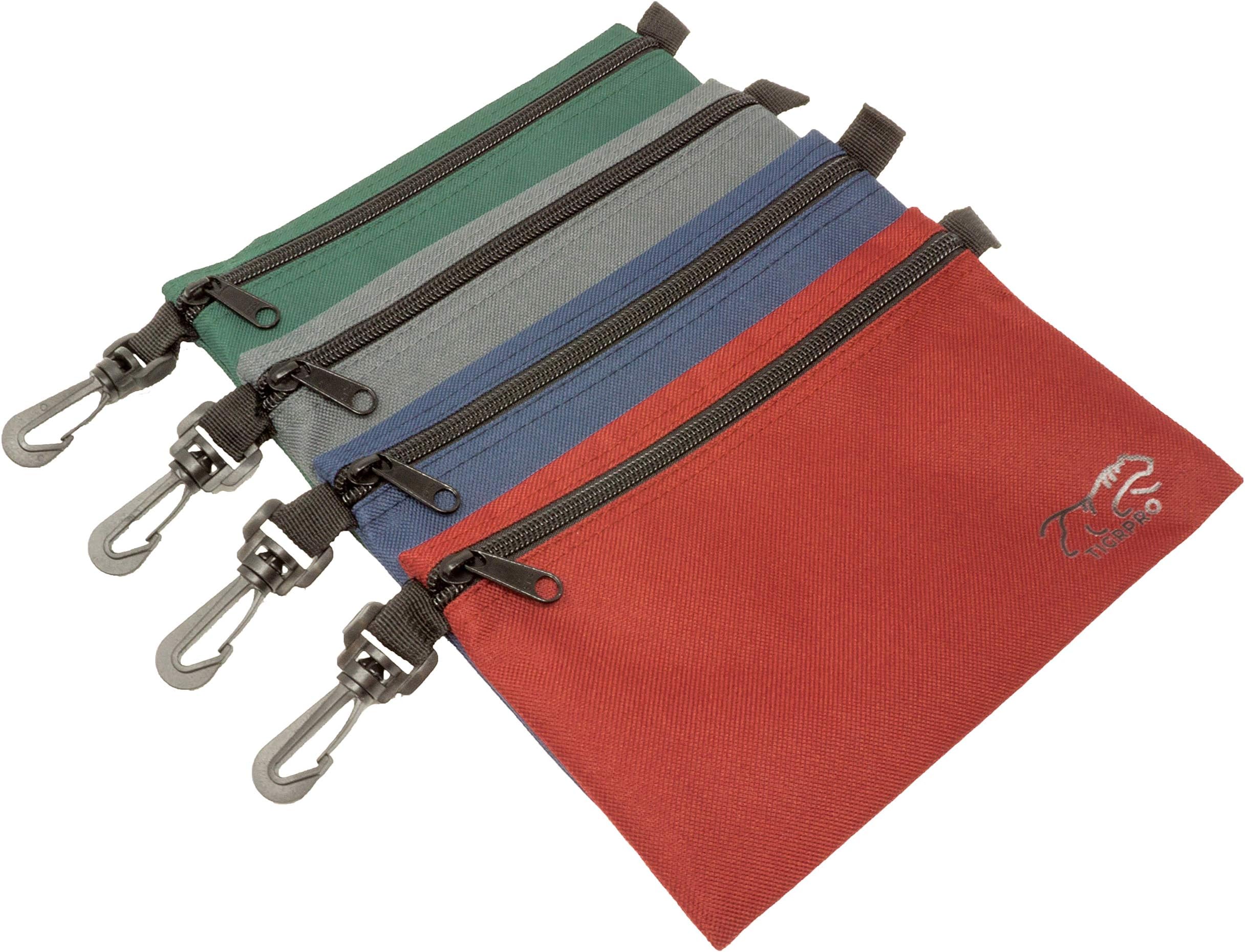 TIGRPRO Multi Purpose Clip On Canvas Polyester Storage Bag – Ideal as Zippered Tool Pouch, Office Supplies, Travel or Craft Organizer Bags – Heavy Duty, Double Stitched Durable Seams - Set of 4