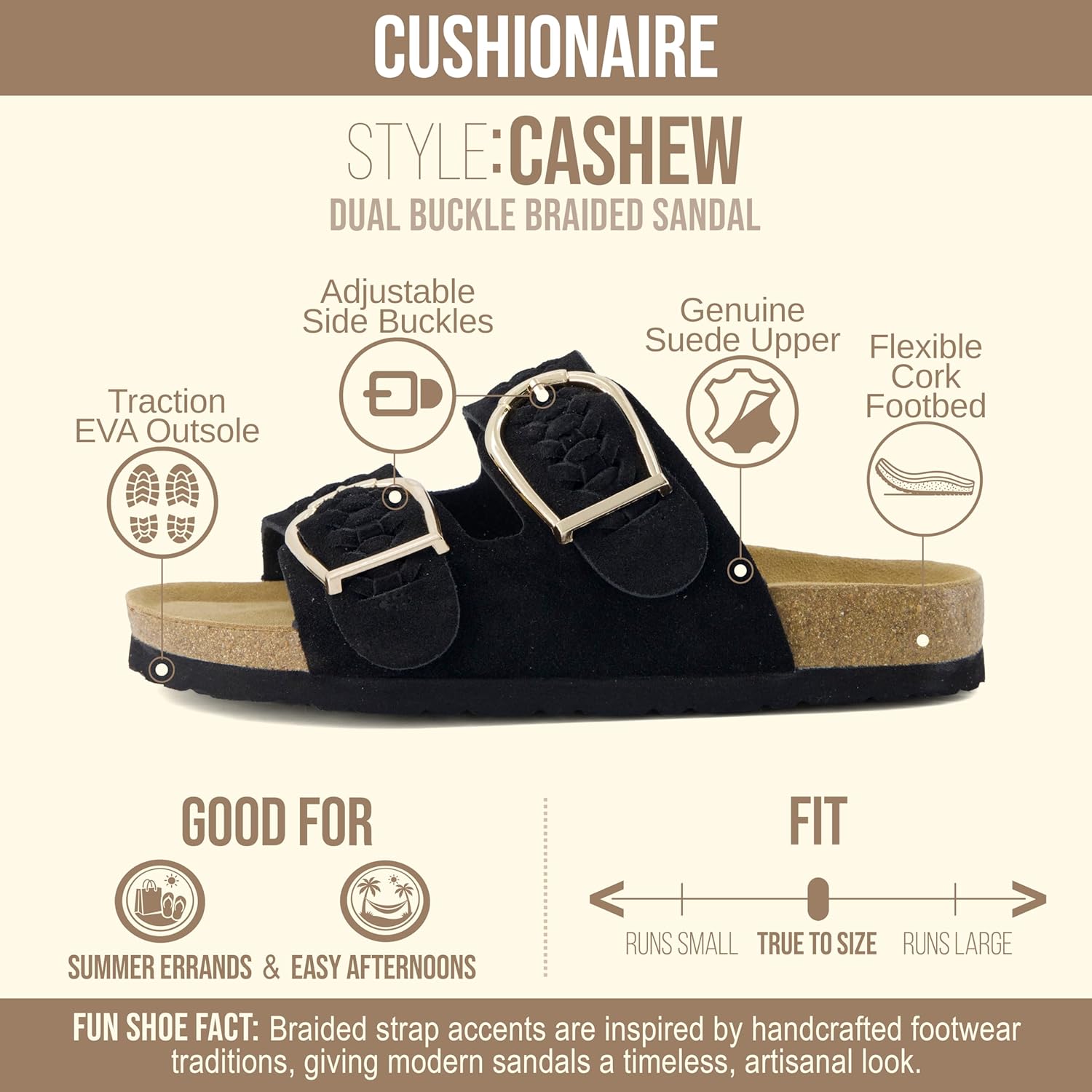 CUSHIONAIRE Cashew Slip On Genuine Suede Leather Womens Sandals - Braided Double-Strap Design with Adjustable Big Buckle Sandals for Women - Image 4