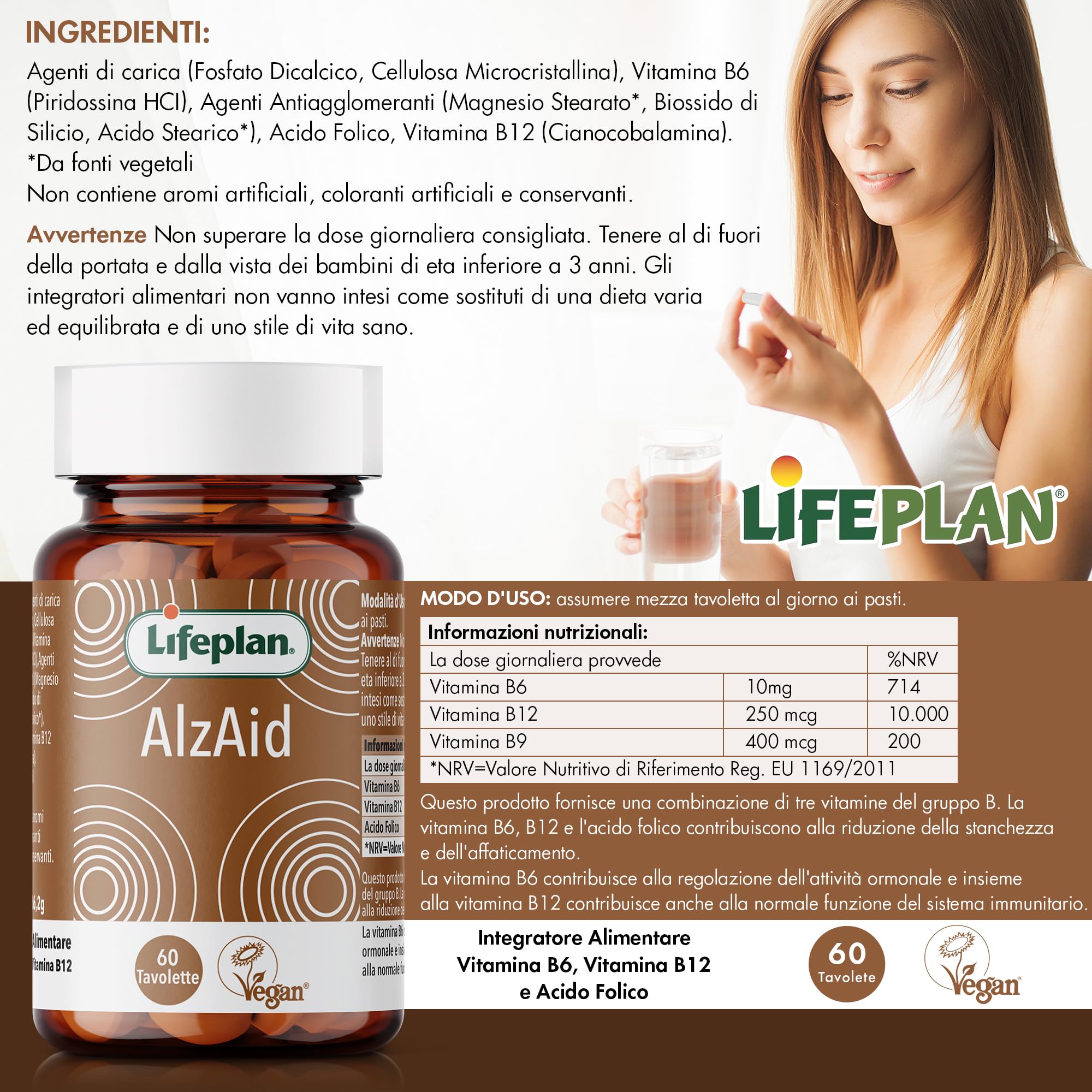 Vitamina B6 B9 B12 Acido Folico (60 Compresse Vegan, Scorta 4 Mesi) LIFEPLAN Alzaid - Integratori Stanchezza con Complesso Vitamina B complex, Vitamina B12, Vitamina B9, Vitamina B6, Vitamine gruppo B