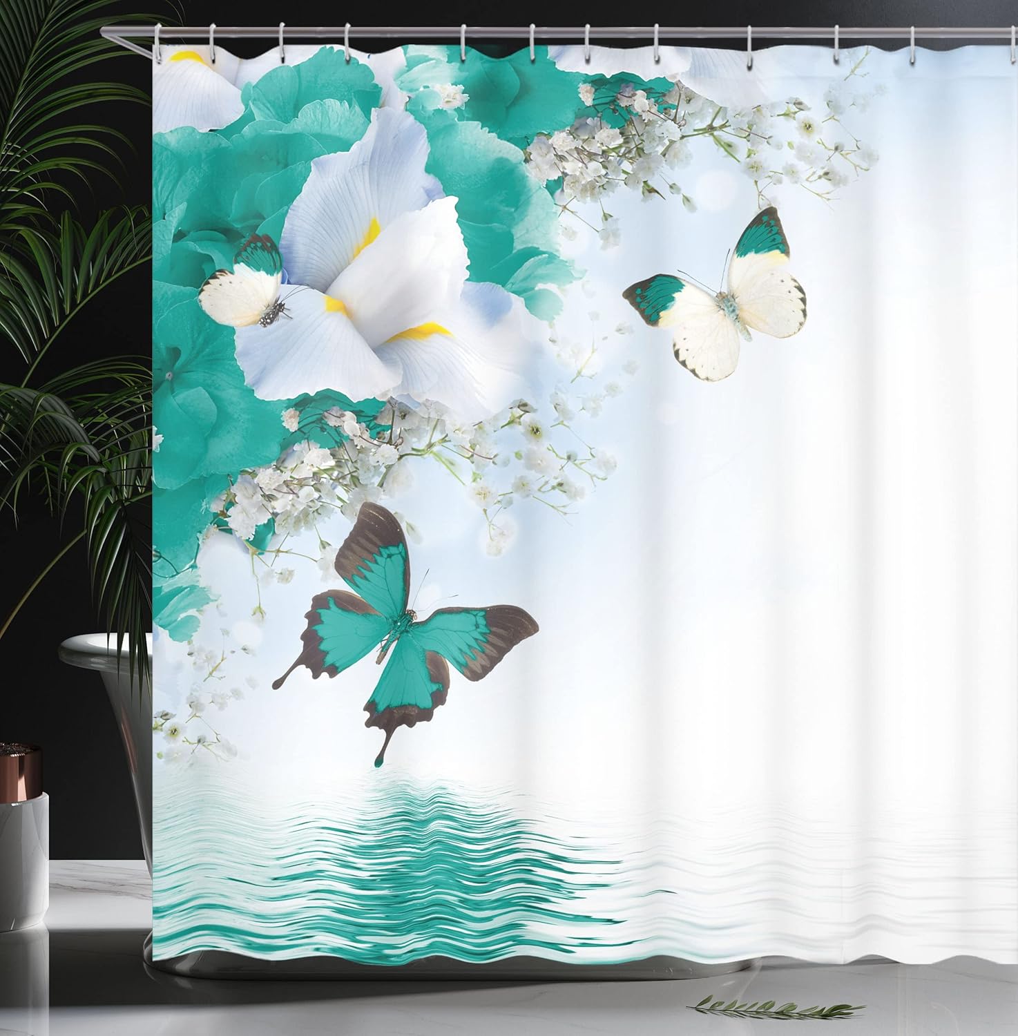 Ambesonne Floral Shower Curtain, Nature Theme Wild Flowers Monarch Flying Butterflies Lily on Lake Therapy Spa, Cloth Fabric Bathroom Decor Set with Hooks, 69" W x 75" L, Dark Seafoam