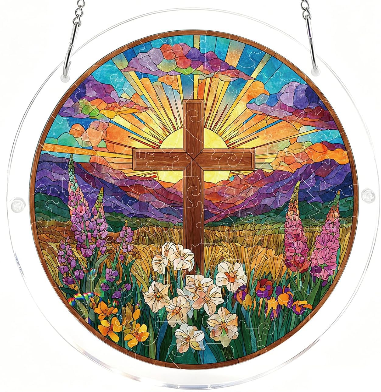 Cross with Flowers & Sunset Acrylic Jigsaw Puzzles Suncatcher, 8.2 Inch Window Hanging Suncatcher Acrylic Puzzle, DIY Home Decor Art Gift