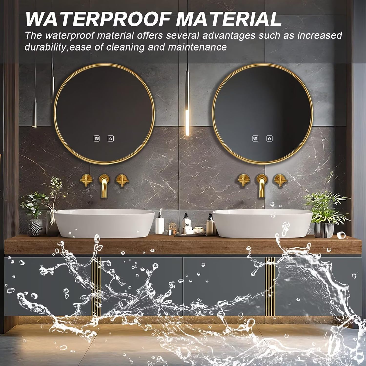 Modern Bathroom Vanity with Sink 72Inch (Solid Wood Storage Cabinet)(Large Countertop) Golden Lines Adorn, Smart Defog Mirror, Grey