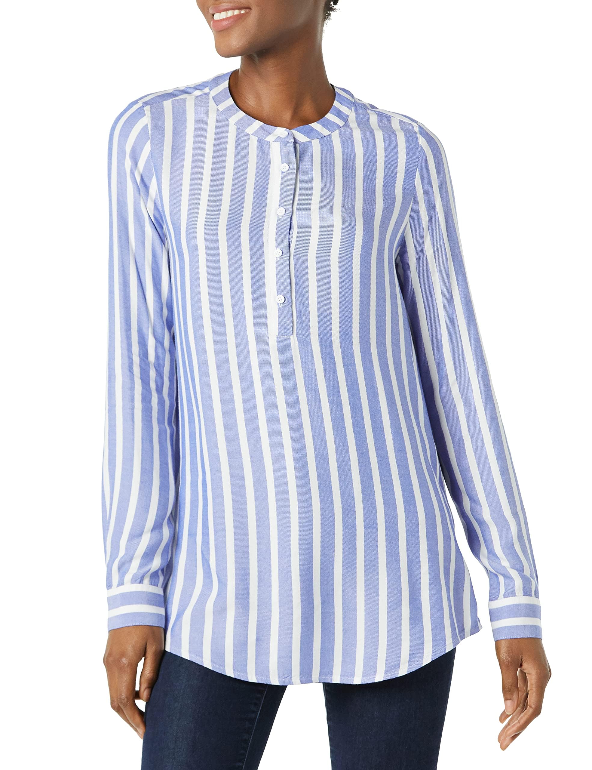 Amazon Essentials Women's Long-Sleeve Woven Blouse, Blue Stripes, XXL