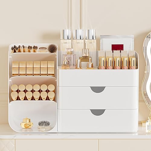 Miniatura 2 de FYABREEK Organizador de Maquillaje con 2 Cajones M y Portacepillos - Estuche de Almacenamiento de Cosméticos para Tocador, Encimera de Baño y