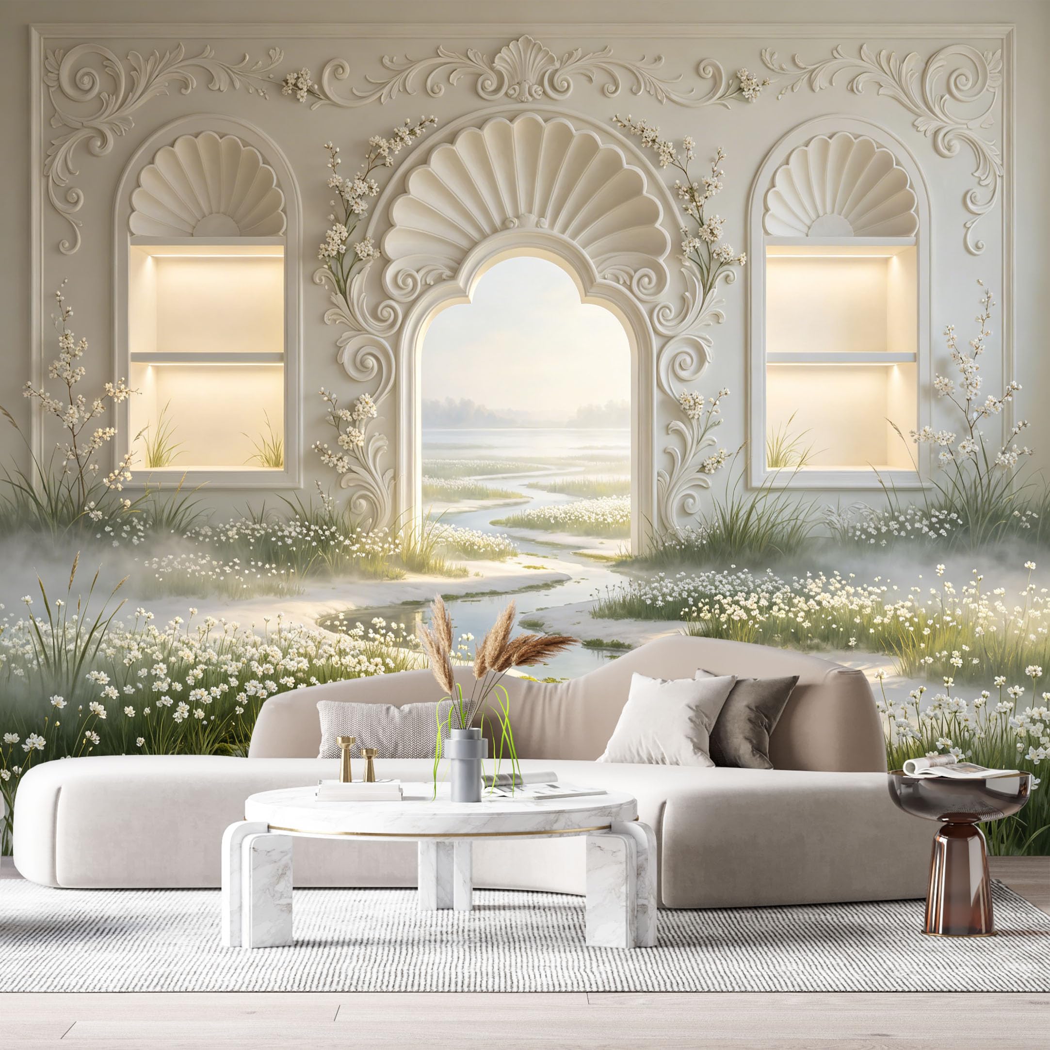 Custom Size Wall Murals Mughal Archway Dreamlike Garden 3D Trompe L'Oeil SelfAdhesiveWall Fabric Removable Wallpaper Wall Decor for Living Room Bedroom Bathroom