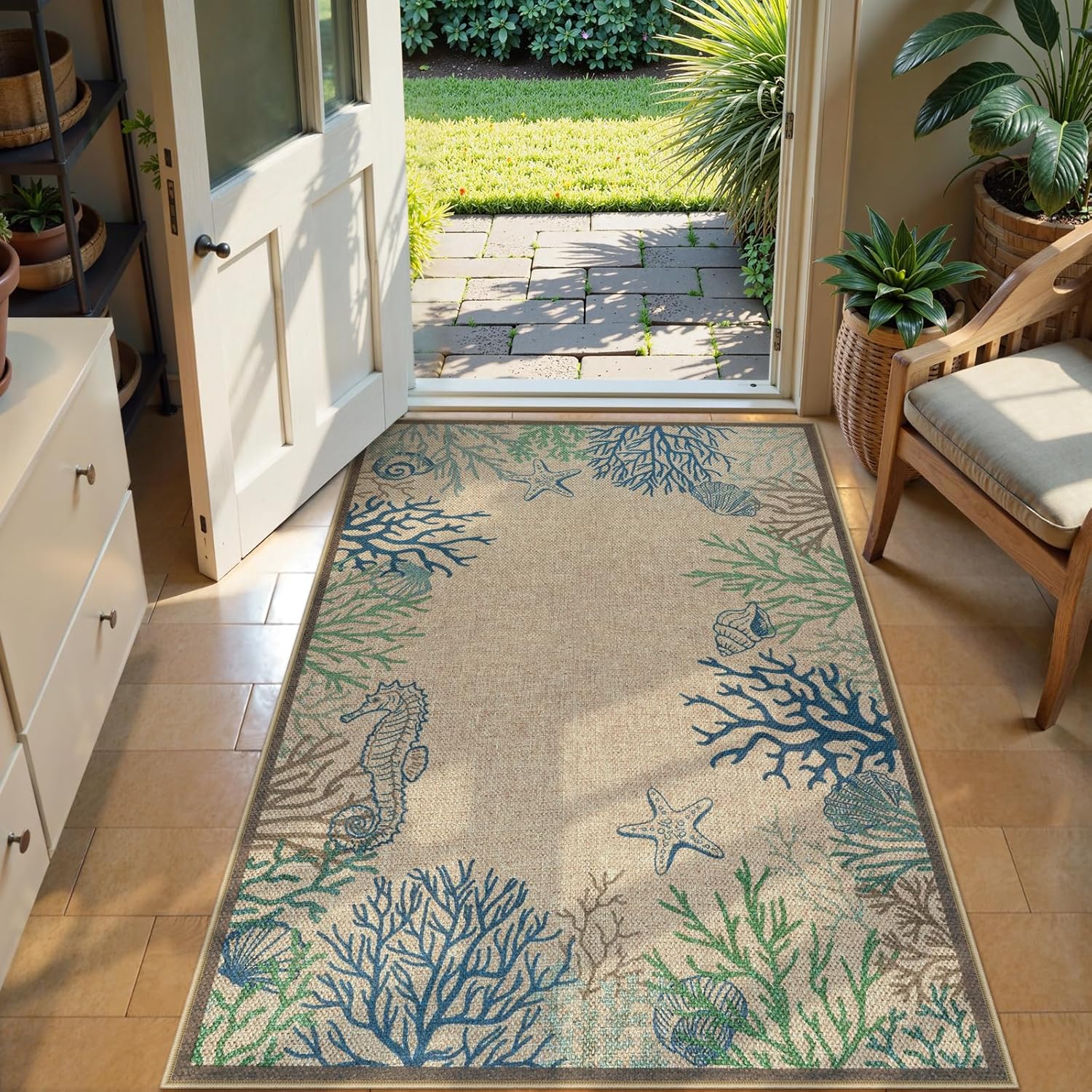 LIVEBOX Modern 3x5 Jute Outdoor Patio Rug, Washable Rugs for Entryway Porch, Coastal Animal Boho Farmhouse Carpet, Non Slip Front Door Mat for Outdoor Indoor Entryway Guestroom Decor (Blue 3'x5')