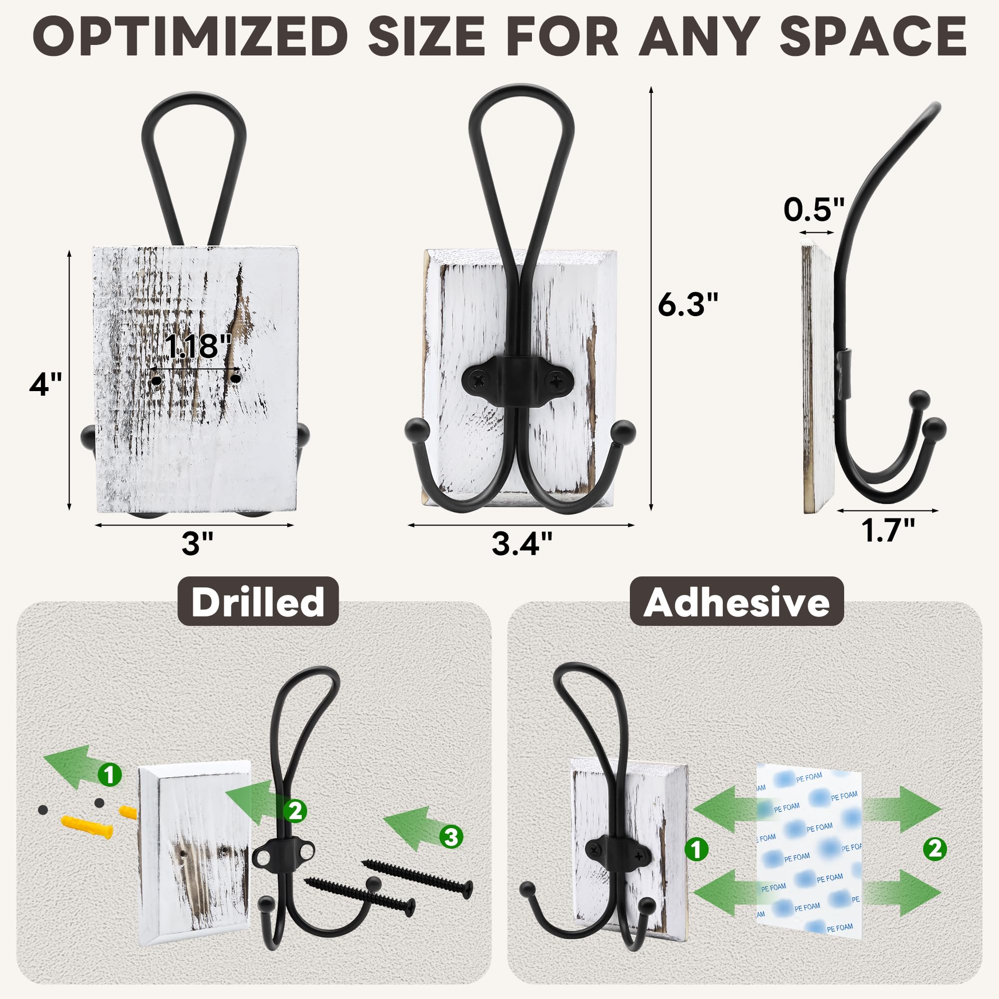 Paquete de 2 ganchos de pared de madera de pino, perchero adhesivo o para toallas de baño, perchas decorativas rústicas para entrada para sombreros, llaves, bolsos, bolsos, color blanco