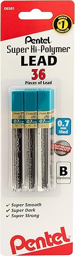 Pentel Repuestos de plomo Super Hi-Polymer punta media 0028in dureza B paquete de 36 repuestos