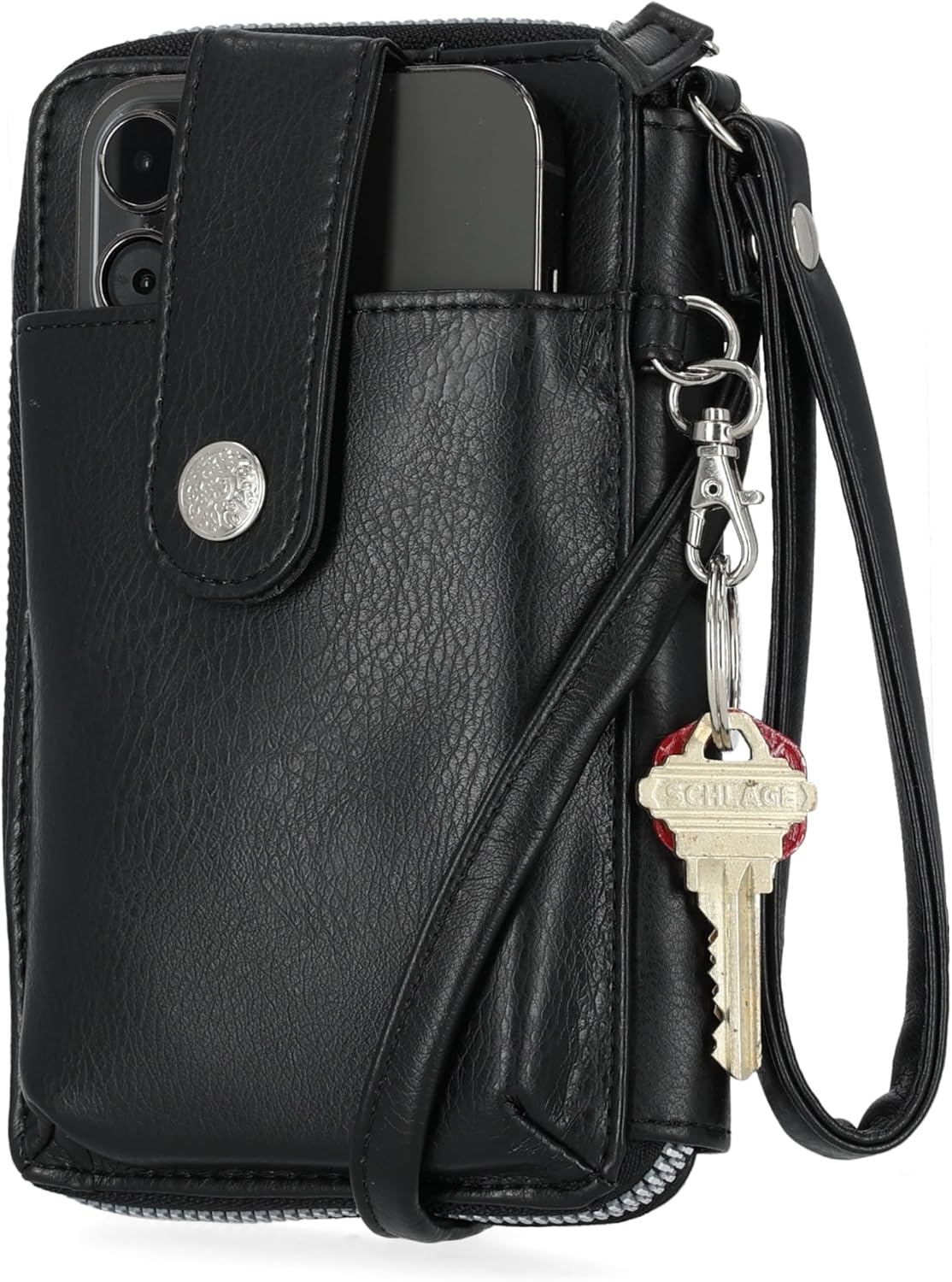 Mundi Jacqui RFID Crossbody Wallet for Women, Vegan Leather Small Travel Handbag with Phone Holder, Compact Organizer with Card Slots and Removable Strap, Vacation Purse in (Black)