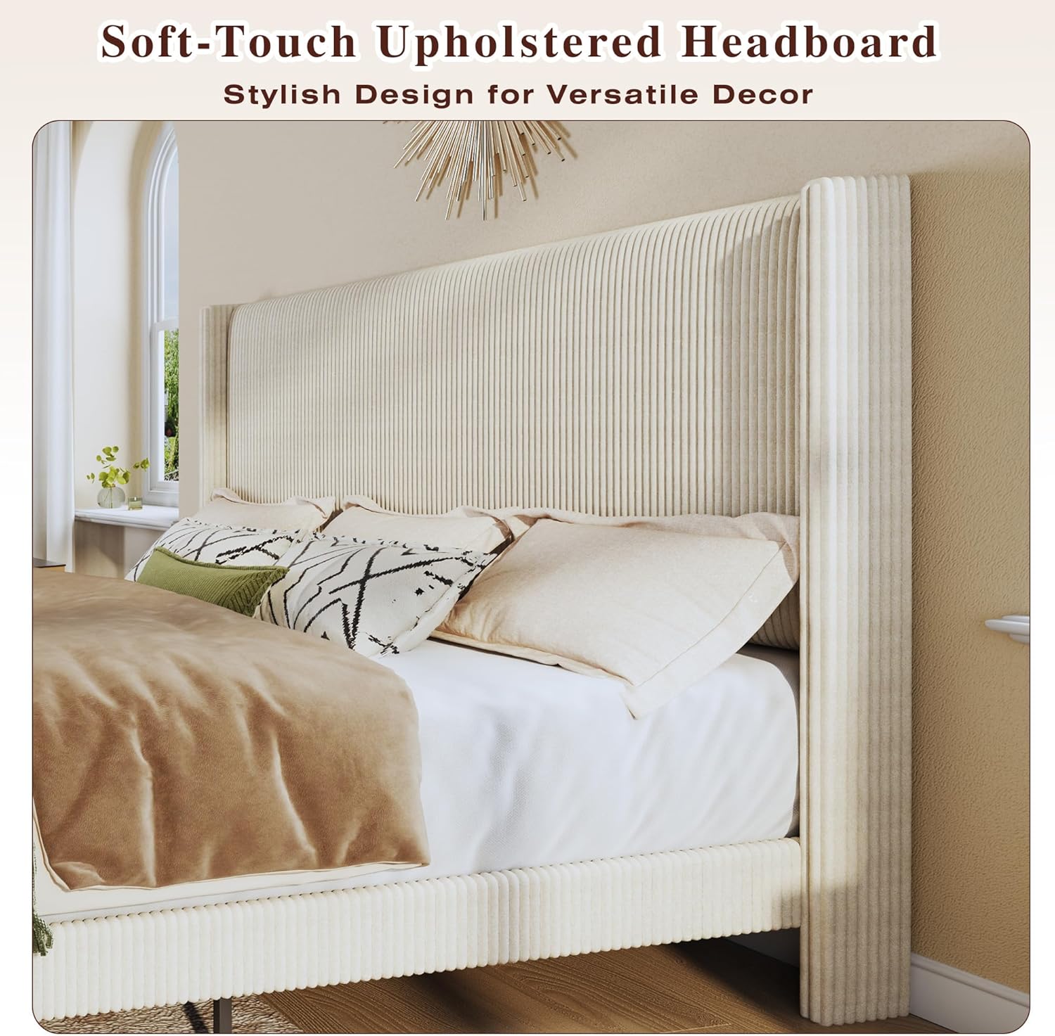 HUAHUU King Size Bed Frame with 51.2" Tall Headboard, Corduroy Upholstered Bed Frame with Wingback, Platform Bed with Wooden Slats Support, Easy Assembly, No Box Spring Needed, Beige