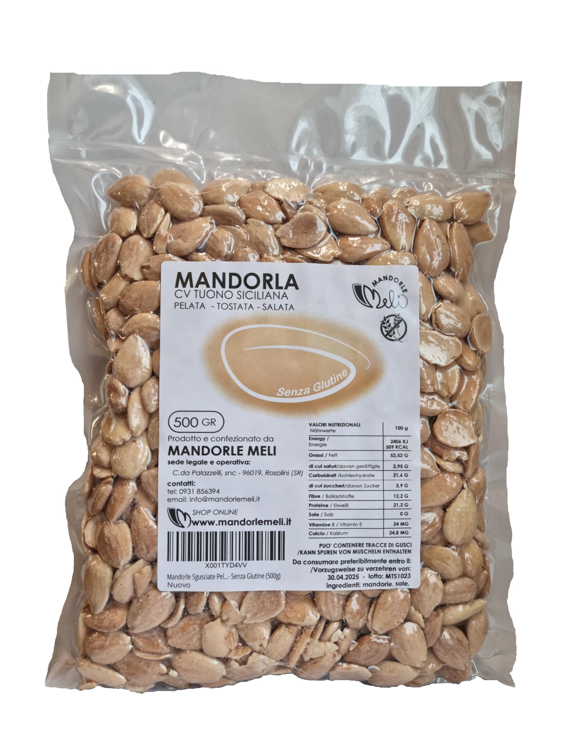 Sizilianische geröstete und gesalzene geschälte Mandeln - Trockenfrüchte Quelle von Vitaminen und Ballaststoffen - Glutenfrei (500g)