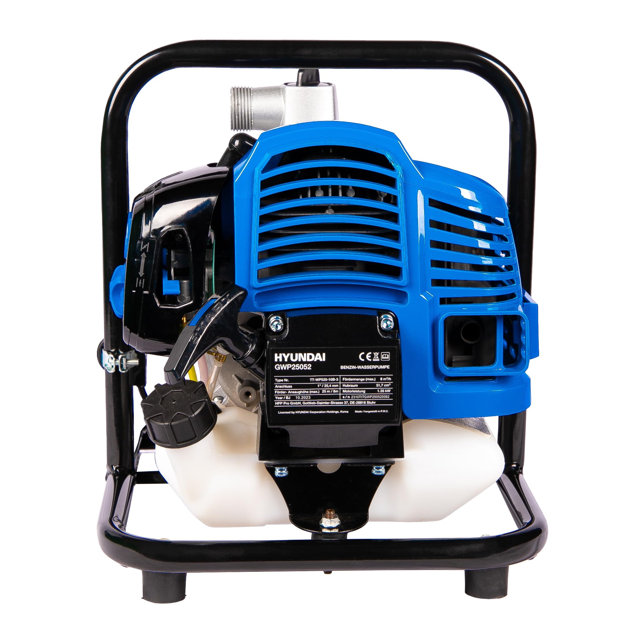 HYUNDAI Benzin Wasserpumpe GWP25052 – 1.84 PS, 2-Takt Motorpumpe, 8.000 l/h Förderleistung, 25 m Förderhöhe, mobile Gartenpumpe, Teichpumpe für Entwässerung & Bewässerung
