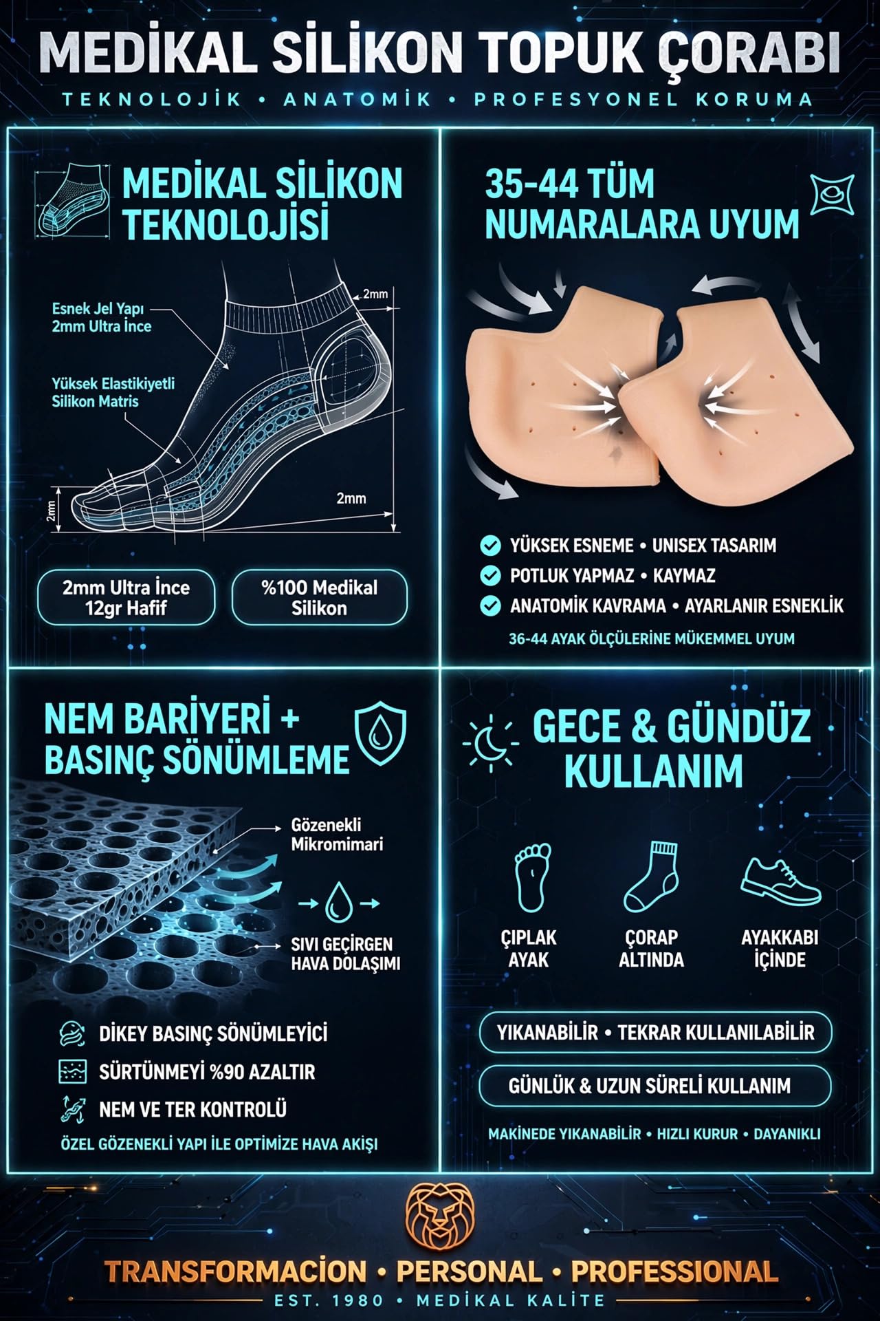 Transformacion Medikal Silikon Topuk Çorabı 2 Çift 4lü Çatlak Giderici Nem Tutucu Esnek Gece Bakım Koruyucu Jel Tabanlık Ped 2 ÇİFT 721955