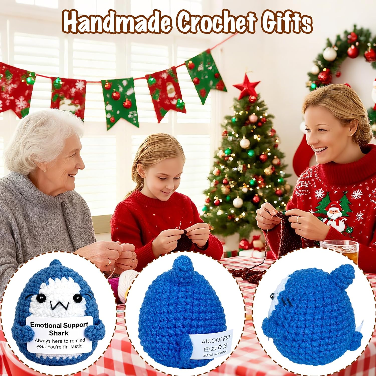 Emotional Support Shark Gifts for Women Men Positive Crochet Animals Shark Decor Stuff, Cute Mini Crochet Animals with Messages, Inspirational Gift for Coworker Friend - Image 4