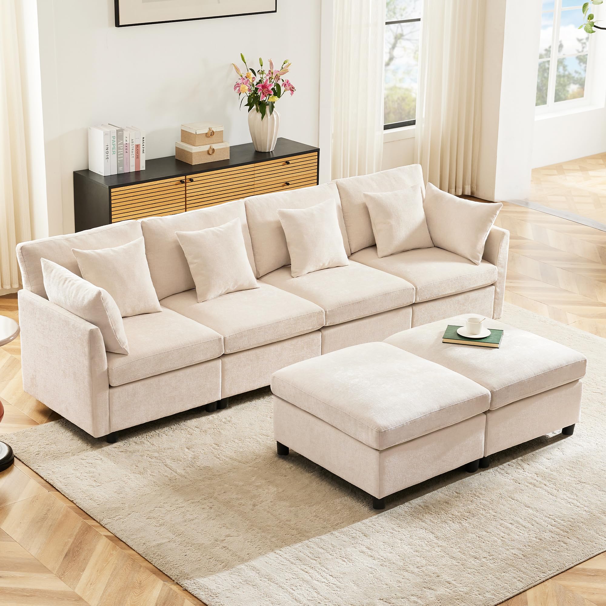 Mrwoo Sofá Cama en L Modular, 4 Plazas con Reposapiés, Extensible para Dormir, 6 Cojines, Sofa para Salón/Dormitorio/Apartamento, Chenilla, Color Beige