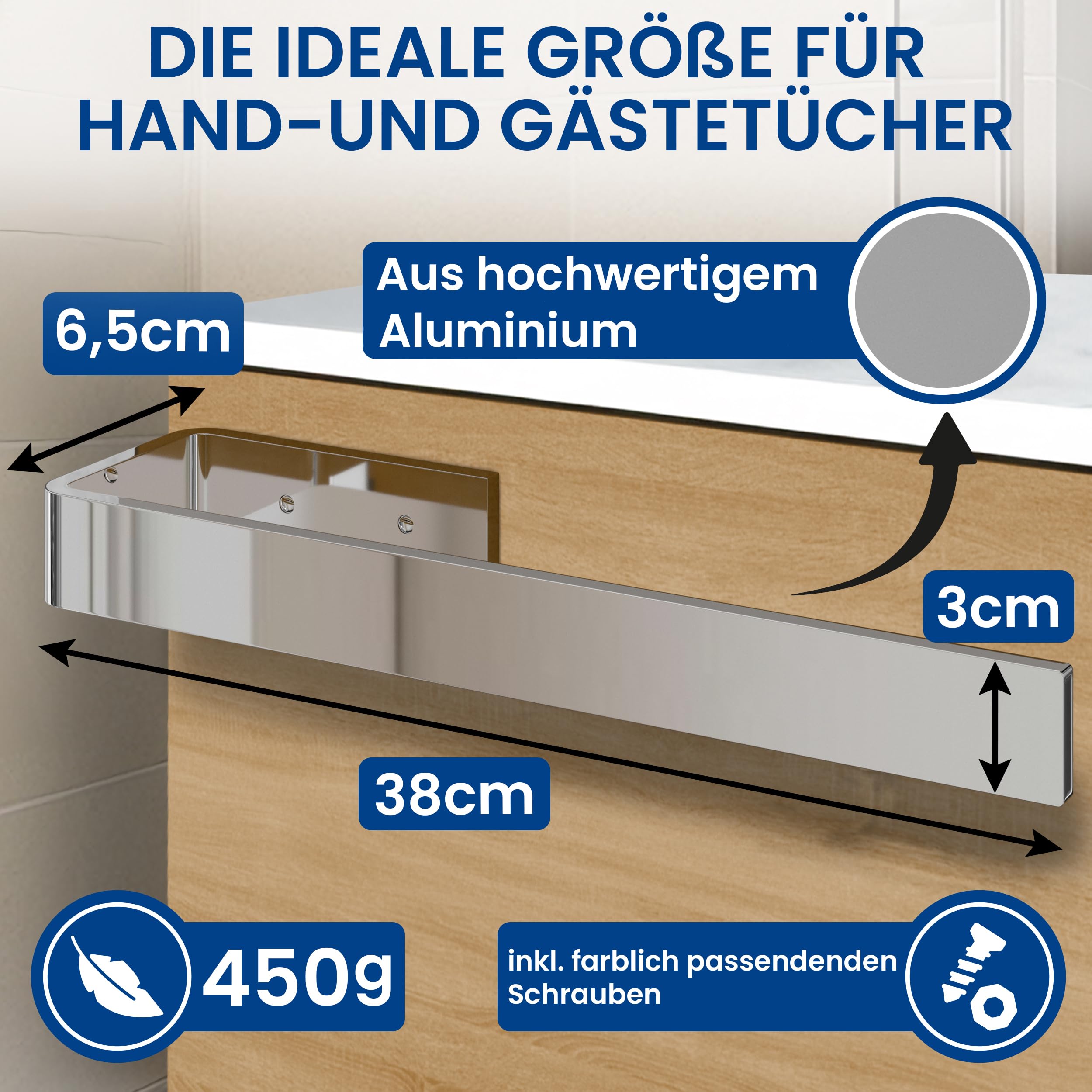 rtmr Handtuchhalter Schrankmontage, zum Bohren, Chrom, Premium Gästehandtuchhalter aus Aluminium, 38 cm, Handtuchstange, platzsparend, Ideal für Bad & Gäste-WC