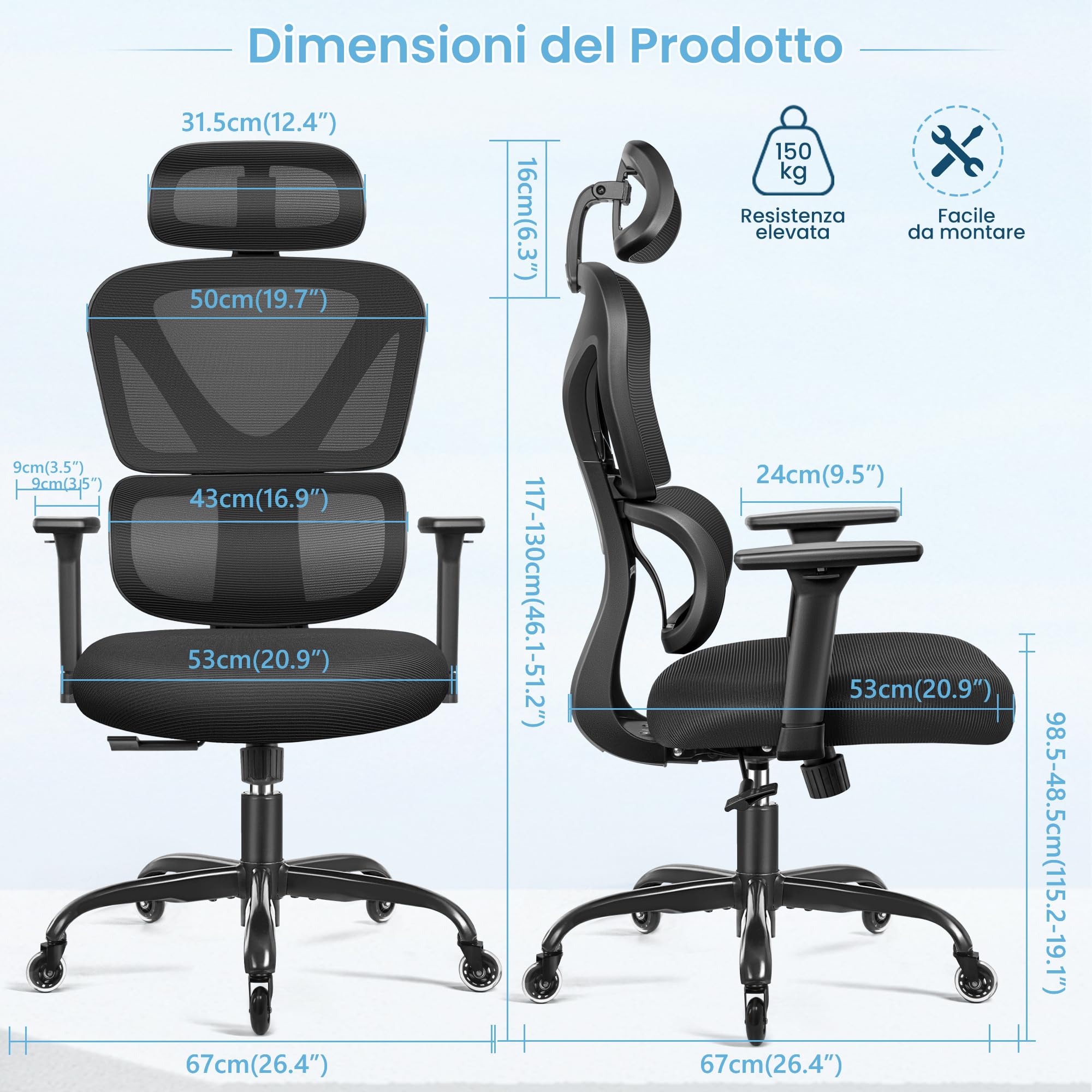 KERDOM Sedia da Ufficio, Sedia Scrivania Ergonomica,con Poggiatesta Regolabile, Braccioli, Supporto Lombare, Sedia Ergonomica contro il Dolore alla Schiena, 150kg/330lbs, 9070F Nero