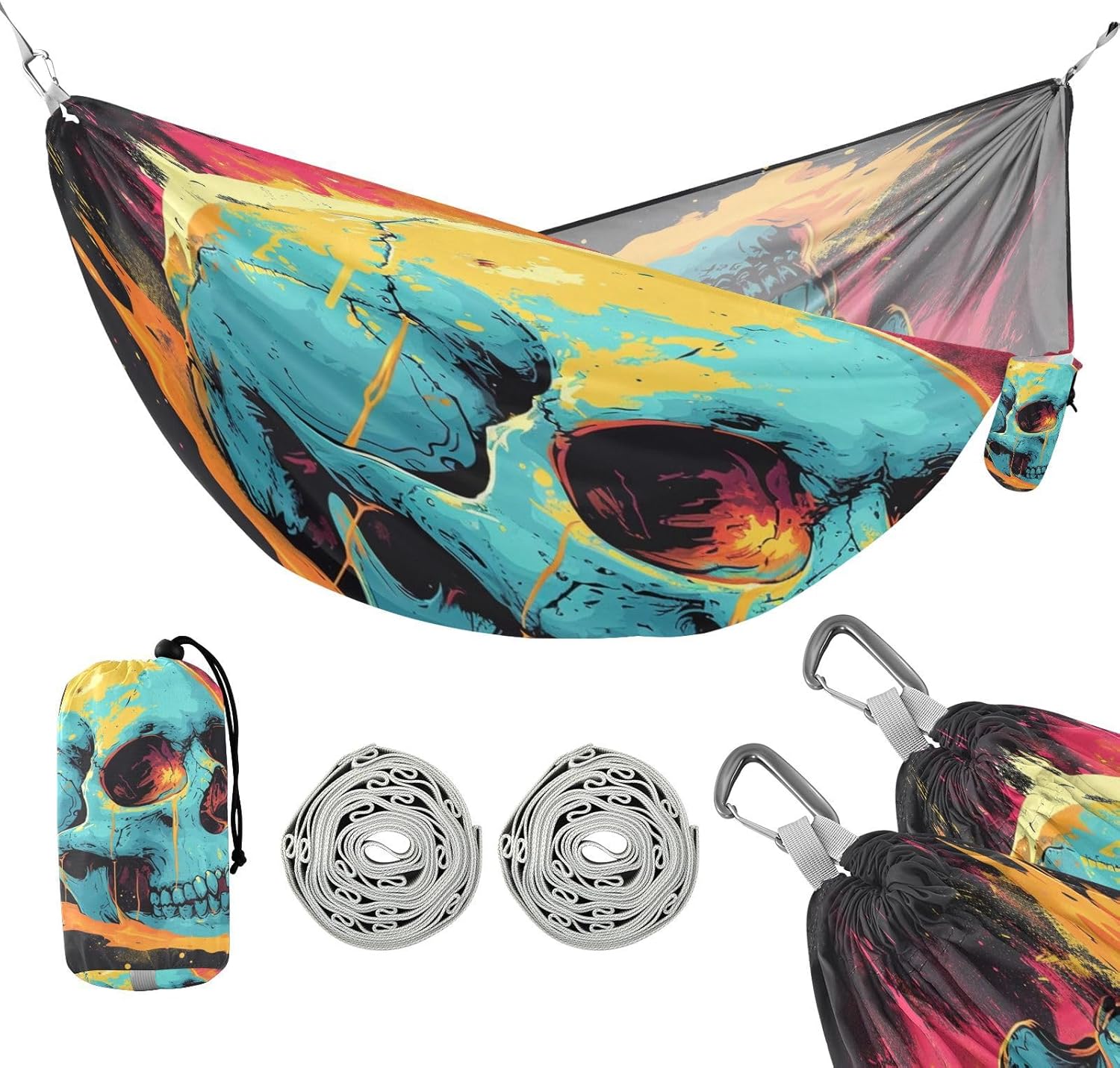 ALAZA Skull Head Art Camping Hammocks Single or 2 Person 500 lbs Portable Parachute Travel Hammock w/Tree Straps for Hiking Backpacking Indoor Outdoor