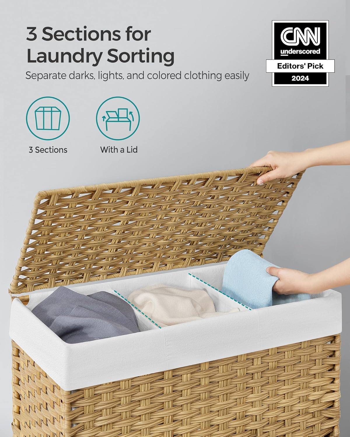 Natural Woven 3-Section Laundry Hamper with Wheels and Lid