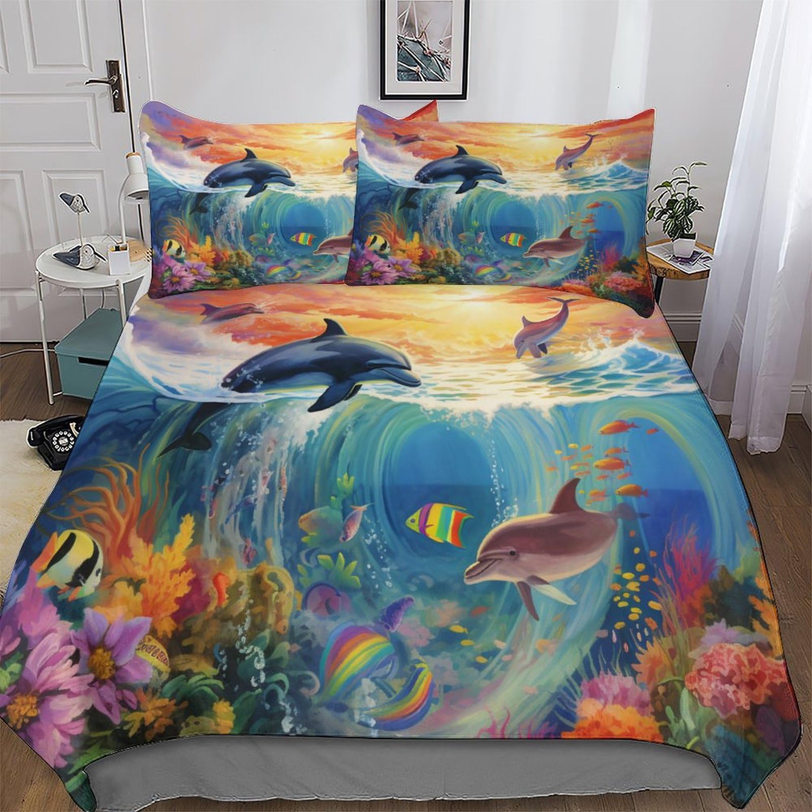 Housse de couette dauphin 200x200 parure de lit 3 pièces microfibre