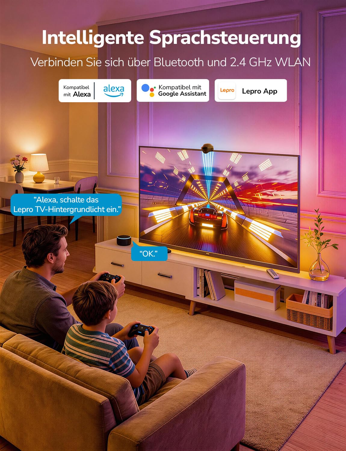 Lepro STV1 AI Smart TV Hintergrundbeleuchtung 3.6M für 55-65 Zoll TVs | LED Streifen mit Kamera, Geringe Latenz/Musiksynchronisation/Sprach und App-Steuerung RGBIC mit Ultraweitwinkelobjektiv