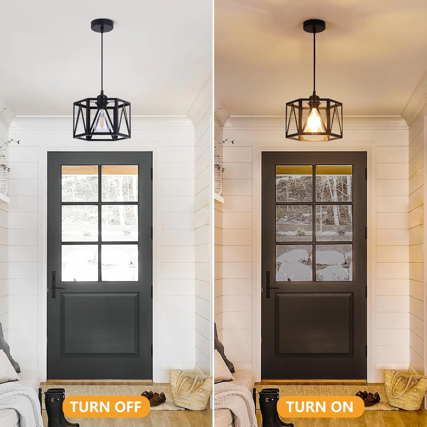 Farmhouse Pendant Lights, Modern Black Hanging Light Fixture with Hexagonal Cage, Industrial Metal Ceiling Lights, Adjustable Lantern Pendant Lighting for Kitchen Island