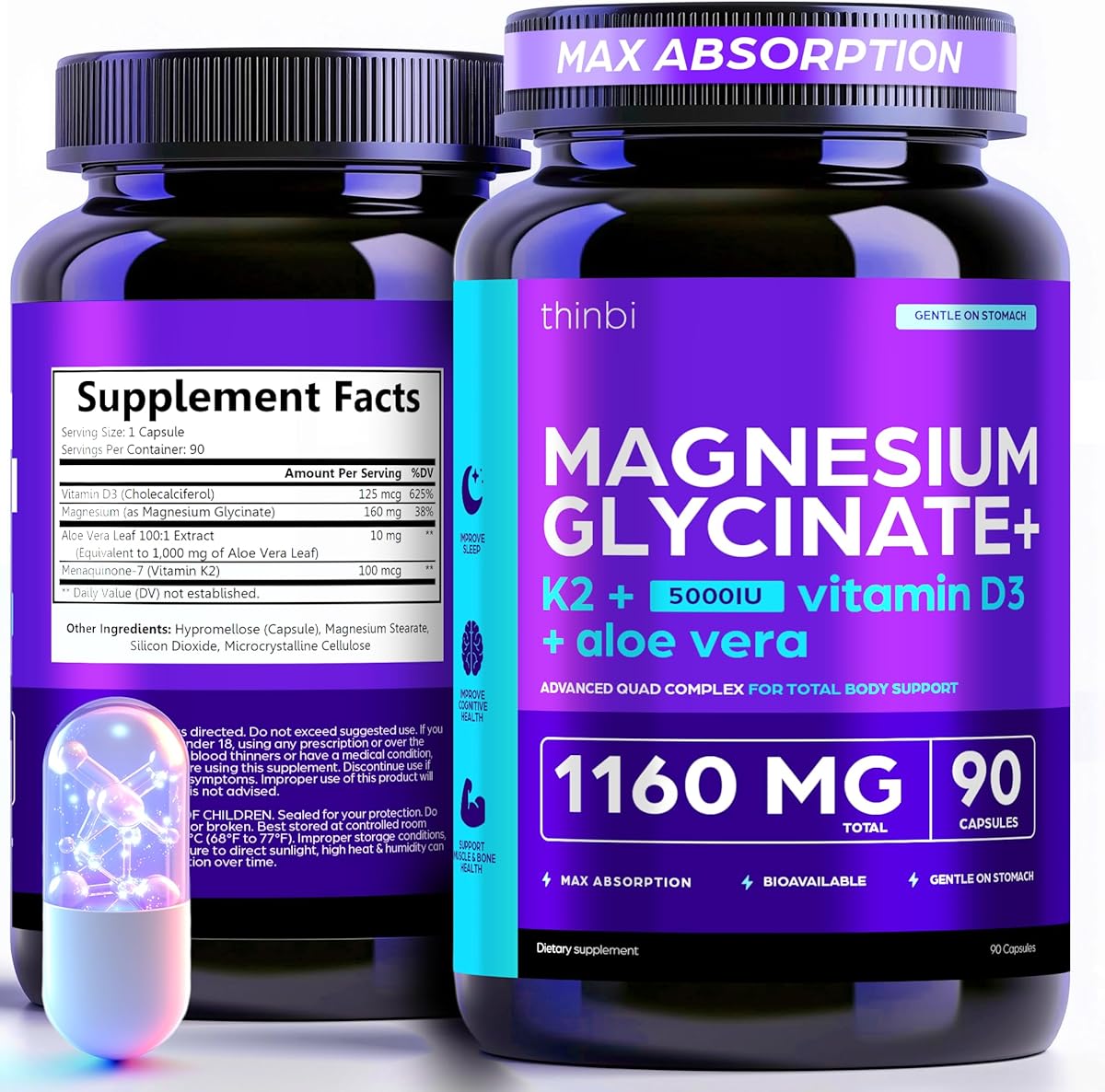 Magnesium Glycinate 1160mg + Aloe Vera, D3 & K2 Complex 90 Capsules – High Absorption, Non-Laxative – Stress Relief, Sleep, Muscle Nerve Heart & Metabolism Support – Chelated Formula