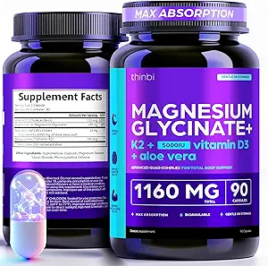 Magnesium Glycinate 1160mg + Aloe Vera, D3 & K2 Complex 90 Capsules – High Absorption, Non-Laxative – Stress Relief, Sleep, Muscle Nerve Heart & Metabolism Support – Chelated Formula