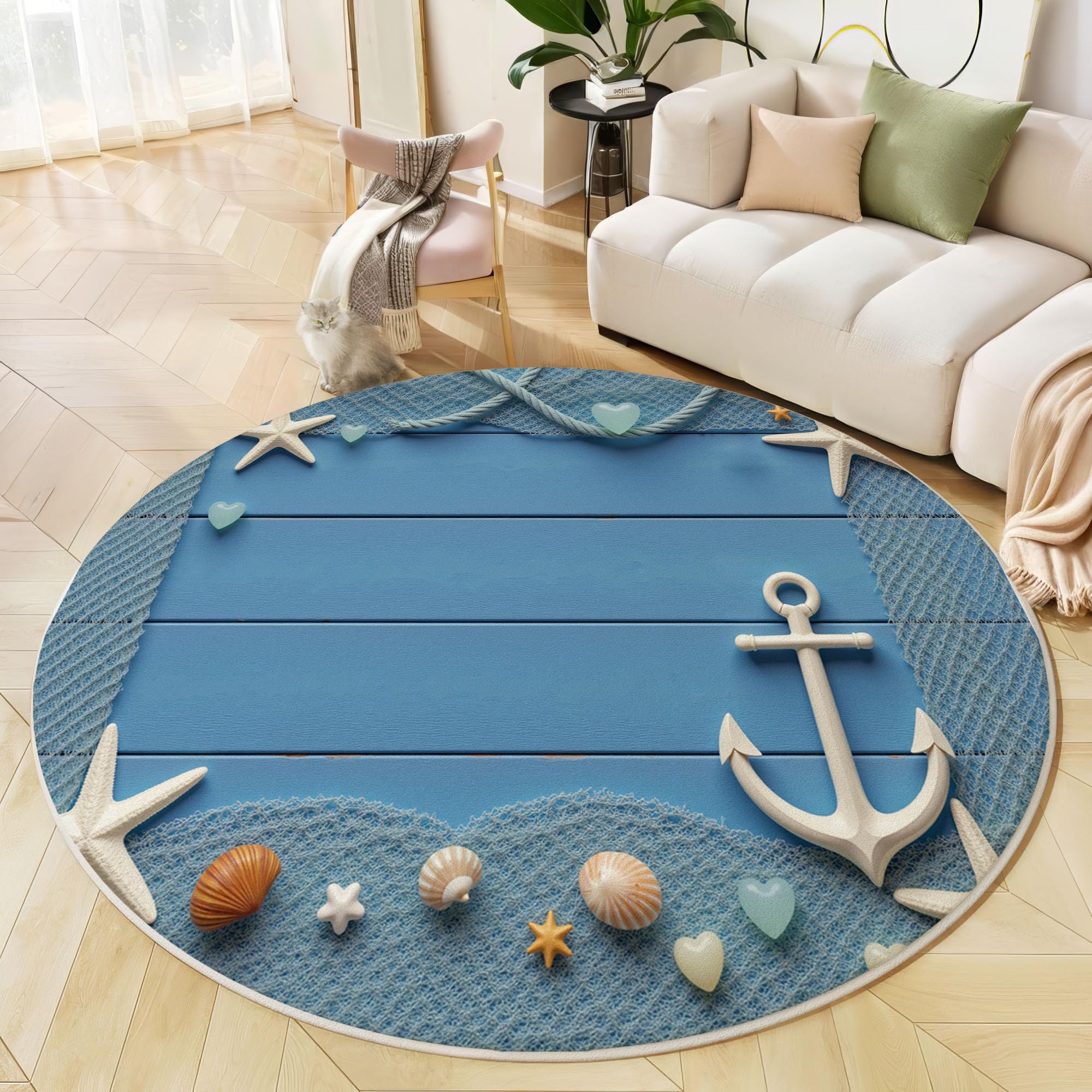 Tapis rond antidérapant bleu marine pour salle à manger 3D