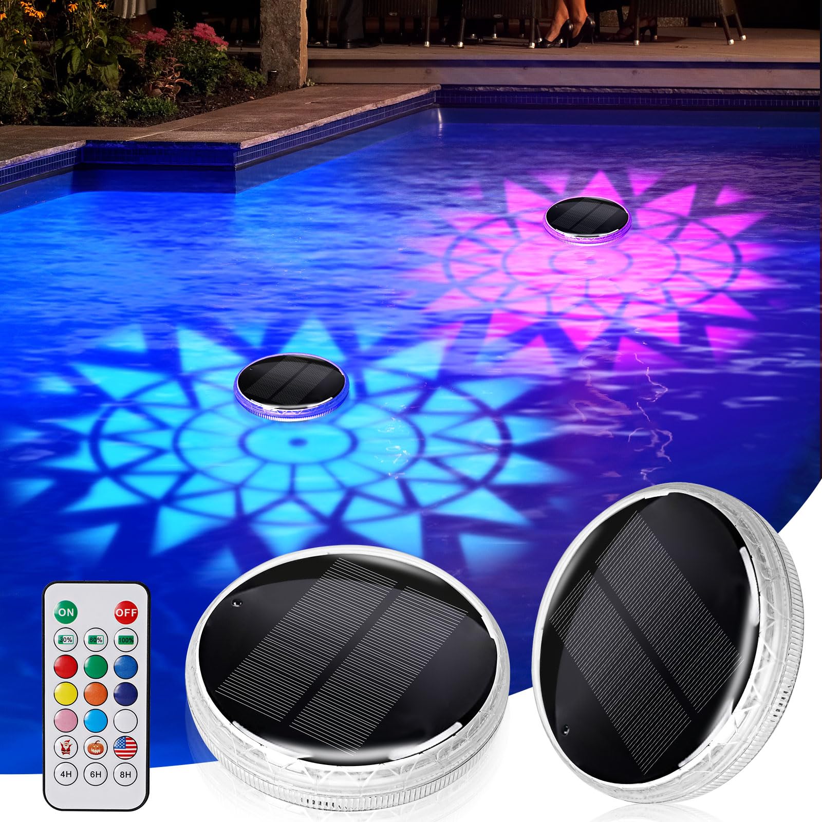 2 luces Luces Solares Subacuáticas para Ppiscina con Control Remoto, Paquete de Flotantes para Piscina 12 Modos de Color, Temporizador, Luces Flotantes para Piscina, Bañera, Acuario, Jardín