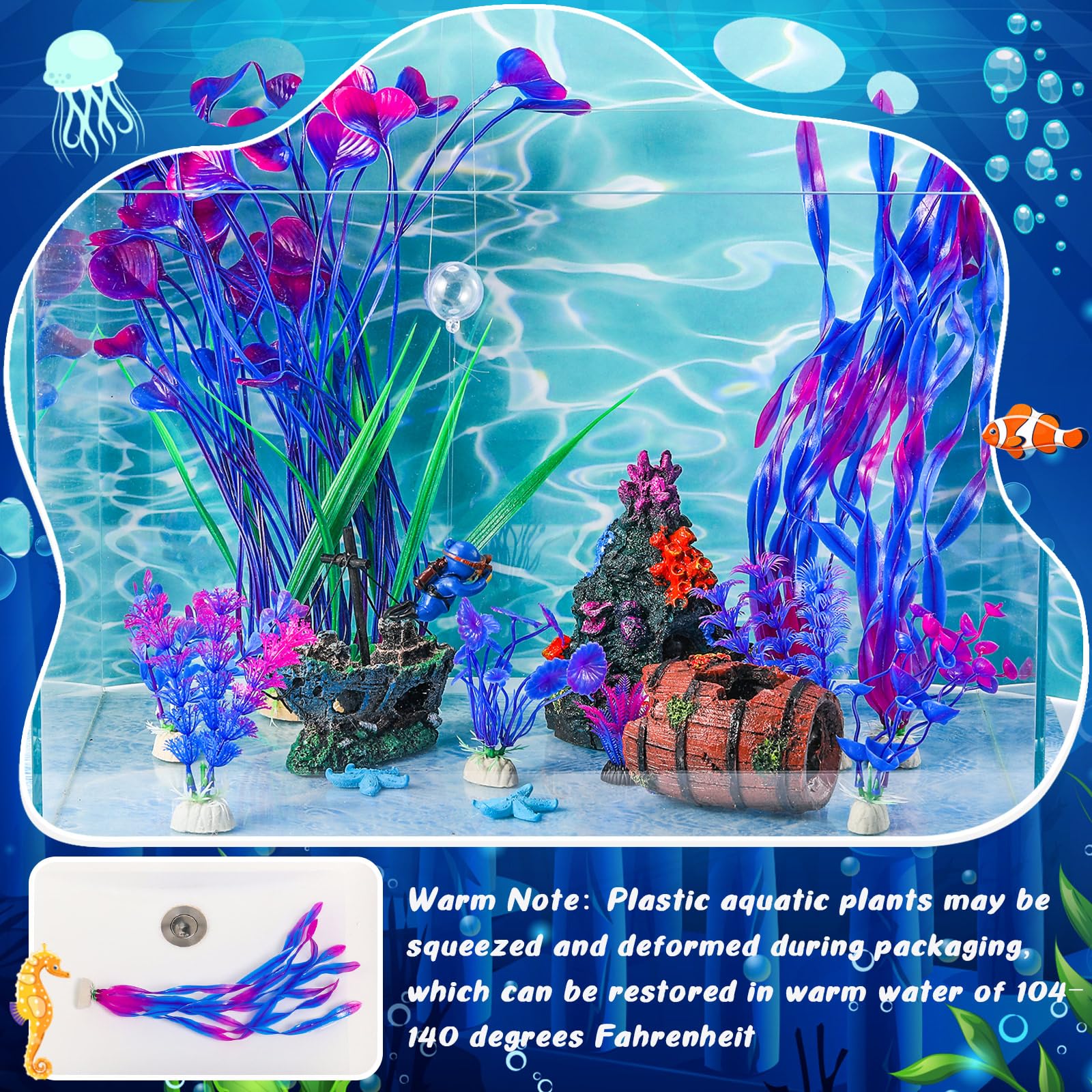 Zeyune Aquarium-Dekoration, Bergdekoration, gebrochenes Fass versunkenes Schiff, künstliche Meeresalgen, Wasserpflanzen, buntes Korallenriff für Fischschale, Dekoration, Aquarium, 15 Stück