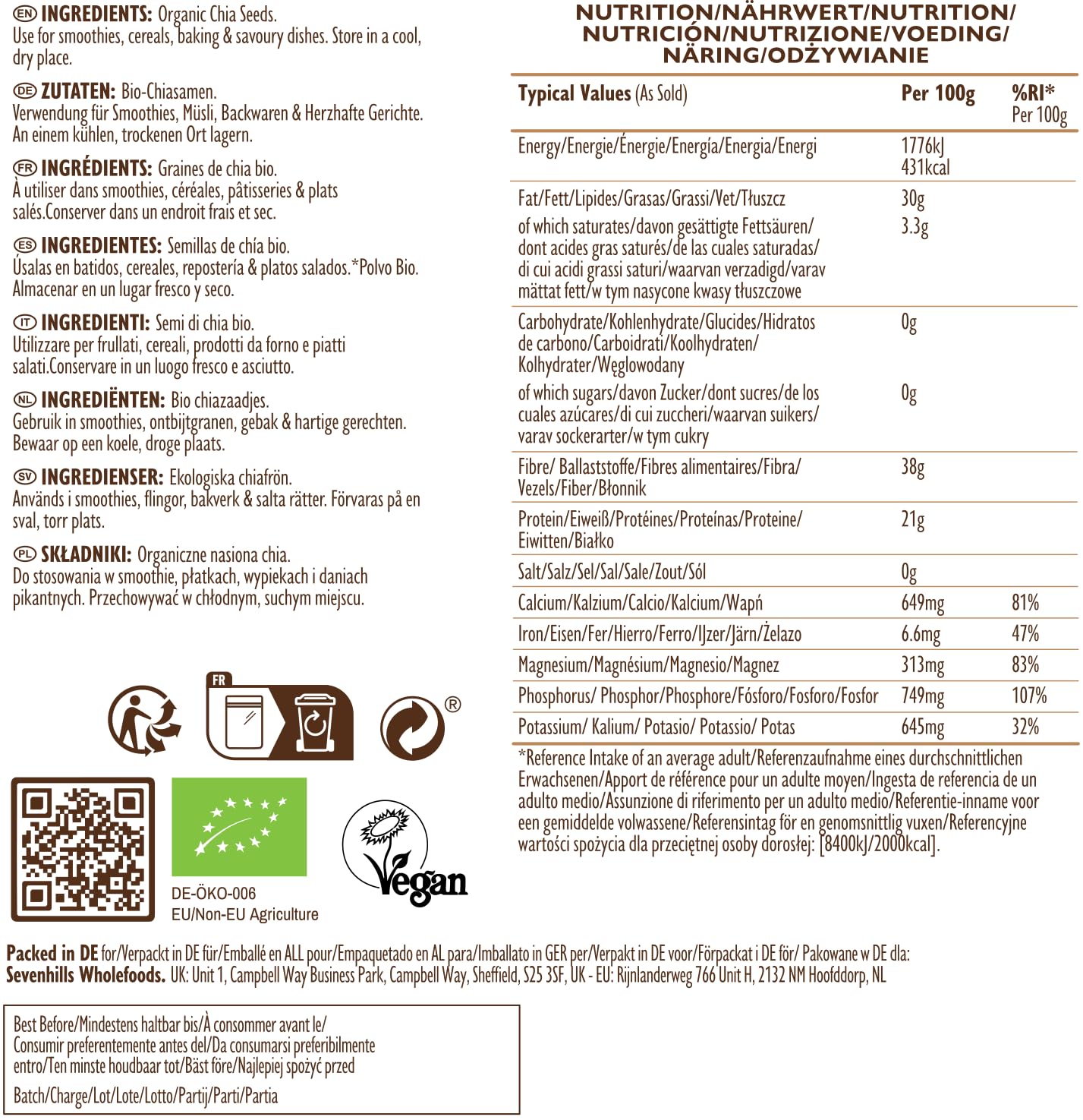 Sevenhills Wholefoods Semillas de Chia Crudas Orgánico 1.8kg