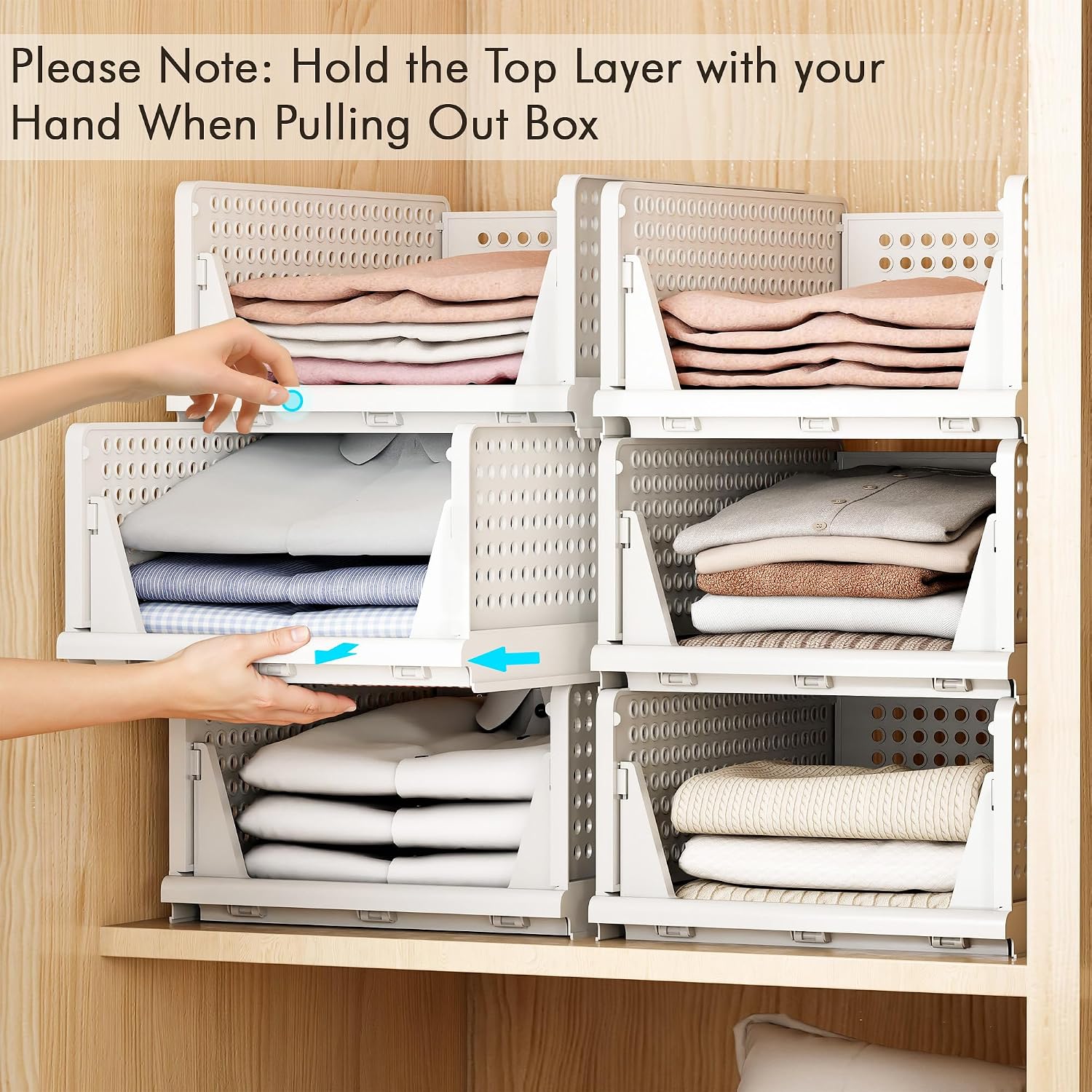 Delamu Stackable Closet Storage Basket, Foldable Closet Organizer for Bathroom, Kitchen, Laundry Room, Wardrobe Storage, Space-Saving Clothes Storage Drawer Organizer, White