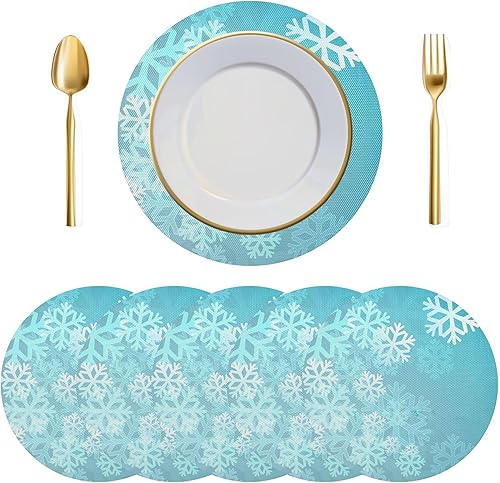 Miniatura 16 de Juego de 6 manteles individuales redondos, manteles individuales de copos de nieve dorados de Navidad, resistentes al calor, para mesa de comedor,