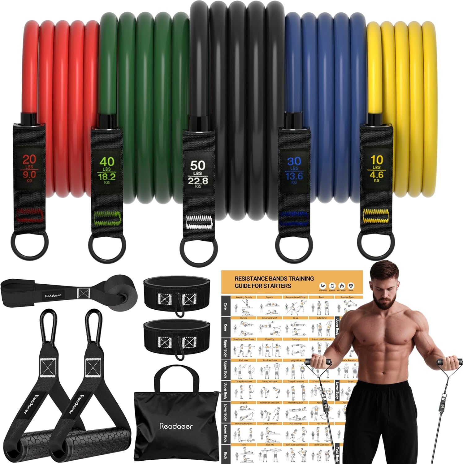 Readaeer Resistance Bands, Exercise Bands for Working Out, Work Out Bands with Handles for Men and Women for Indoor and Outdoor Sports, Fitness, Suspension, Speed Strength, Training, Home Gym,Yoga