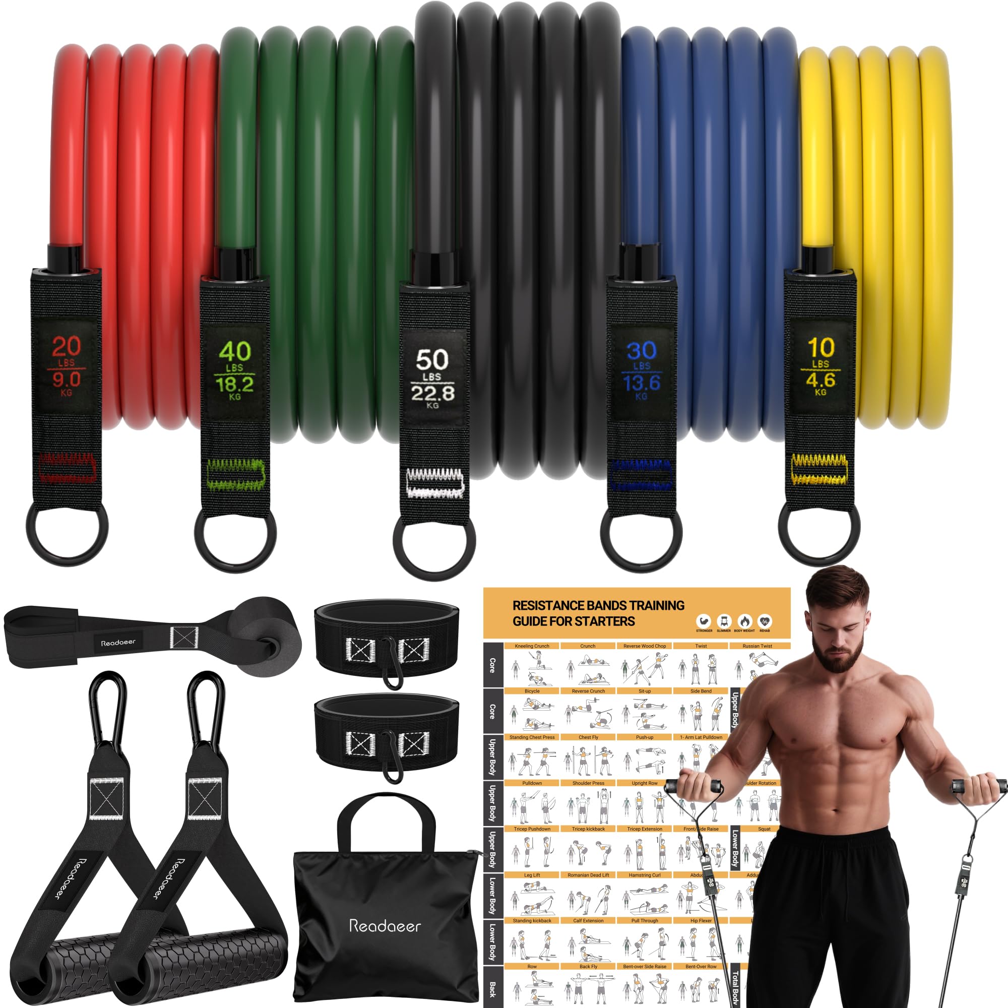 Readaeer Resistance Bands Exercise Bands for Working Out Work Out Bands with Handles for Men and Women for
