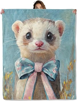 Cute Ferret Blanket for Home Decoration, Blue Bow Animal Design, Kids Boys Girls Women Gifts, 50"x60", Soft Fleece, Lightweight and Breathable, Ideal for Sofa Bed Office Picnic Dorm