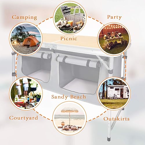 Miniatura 7 de Mesa plegable de aluminio para acampar con patas ajustables para viajes al aire libre, playa, patios, barbacoas, fiestas y picnic mesa plegable
