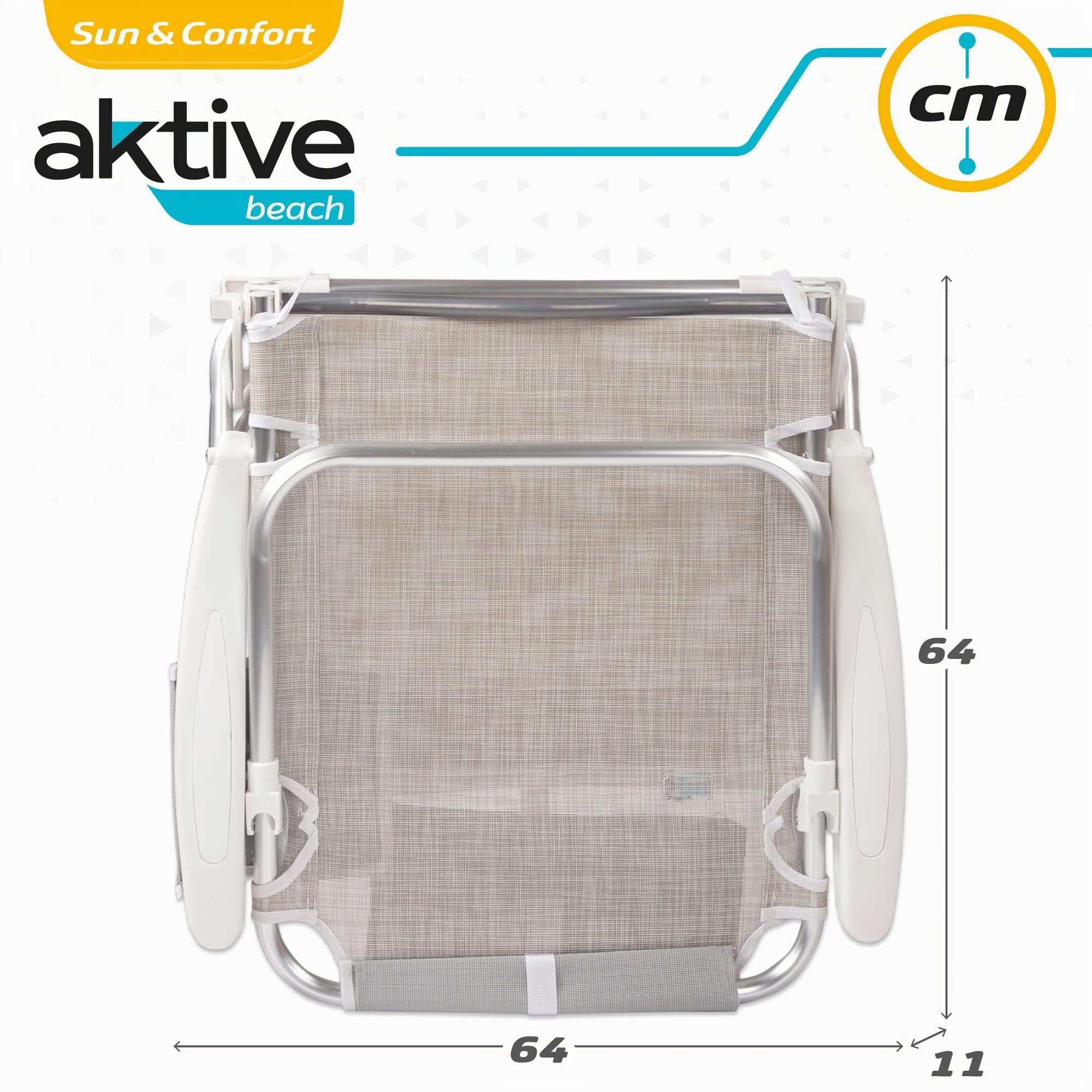 AKTIVE 62262 - Pack de 2 Chaises Pliantes Multi-Positions pour la Plage, Le Jardin, la Terrasse ou Le Camping, Beige, Dimensions 51X45X76 cm, 4 Positions, avec Coussin Appui-Tête