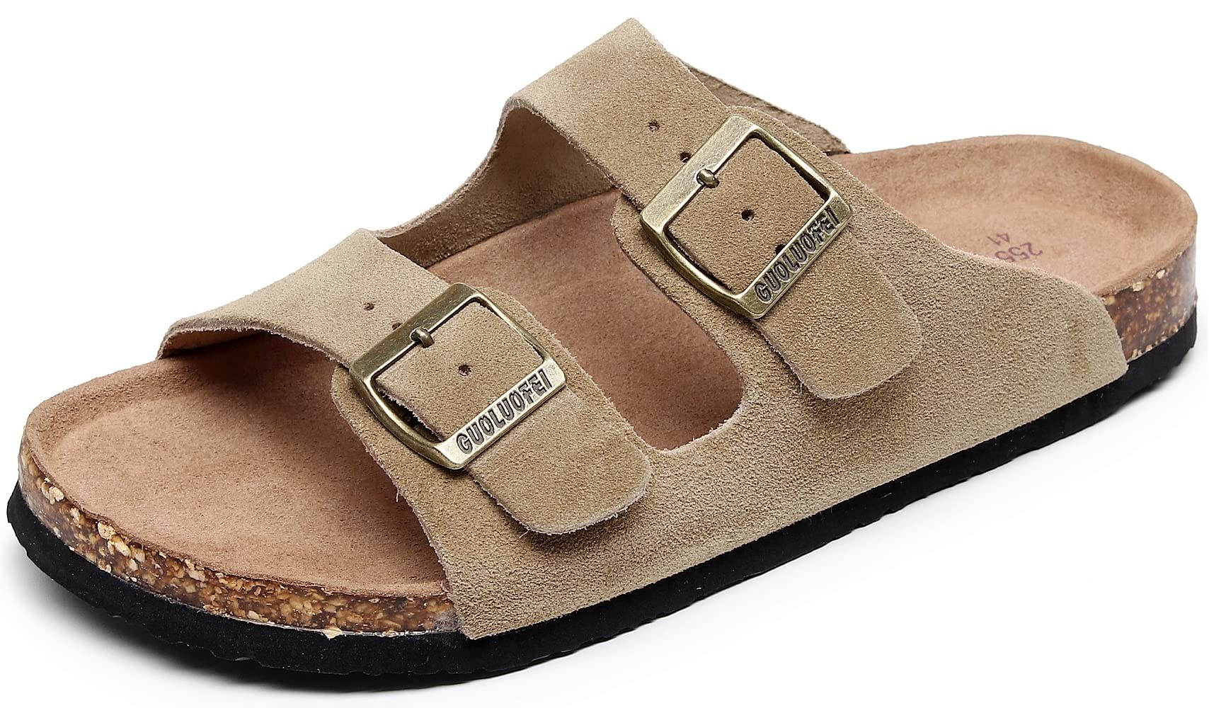 guoluofeiWomens Sandals with Adjustable Buckles Memory Foam, Comfort Cork Footbed Arch Support Leather Slide Sandals for Women