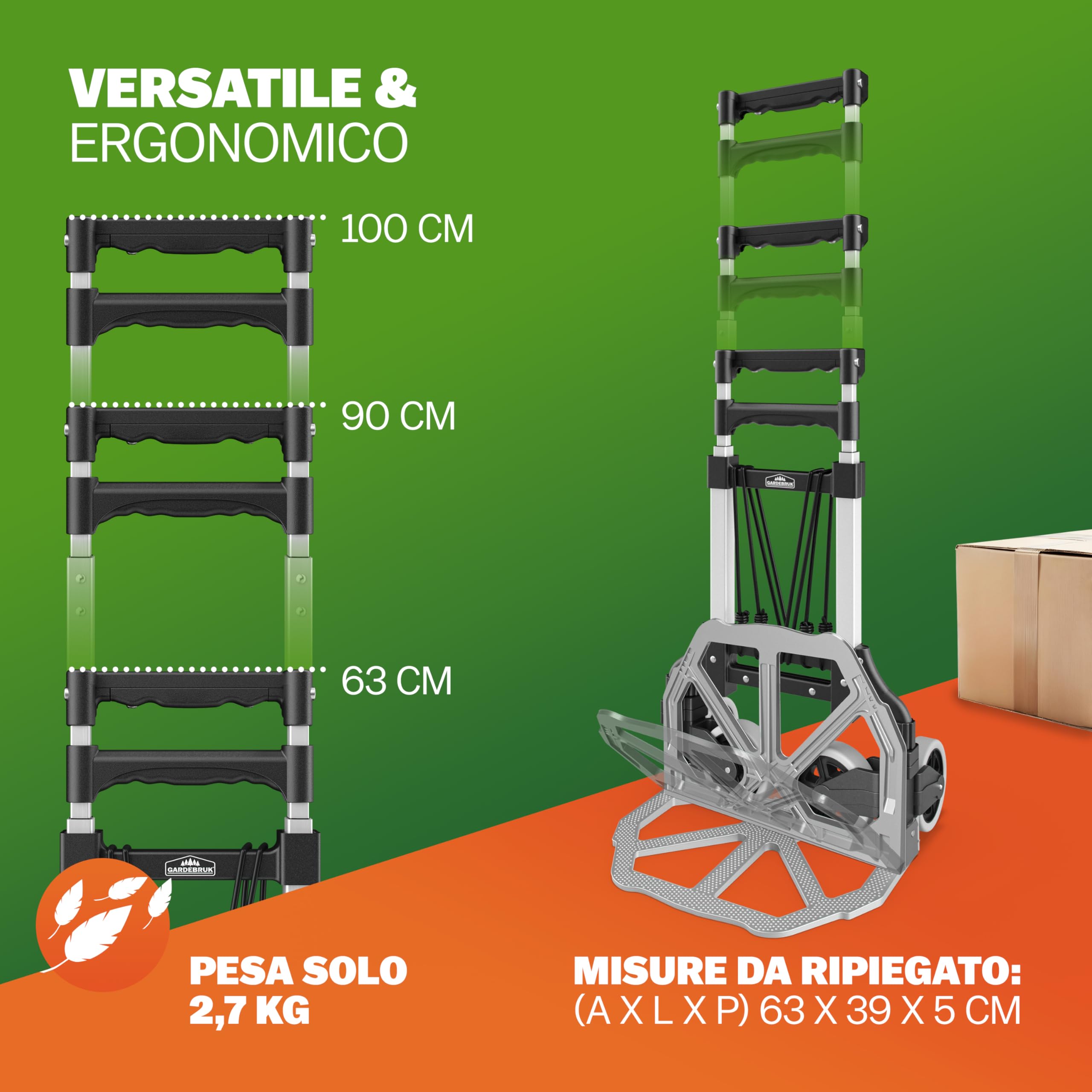 GARDEBRUK® Carrello Portatutto Pieghevole con Ruote in PP Antiforatura 80Kg Alluminio Incl. Guanti 2 Corde Carrellino Portapacchi Trasloco Scatole