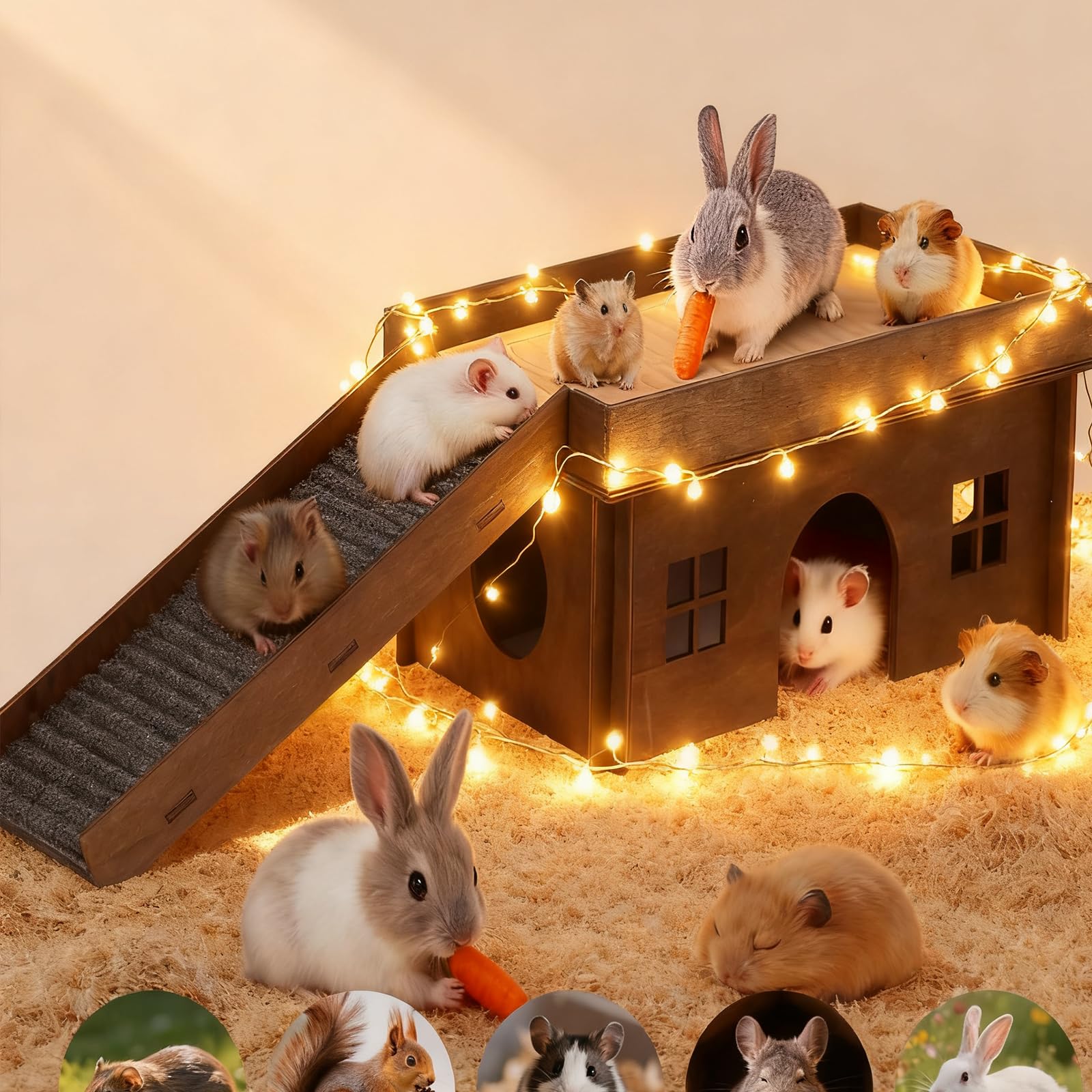 Großes Meerschweinchenversteck aus Holz mit Treppe, Hamsterhaus, Versteck für Kleintiere, Haustiere, geeignet für Chinchilla, Hamster und kleine Kaninchen, Hamsterhütte, Meerschweinchenversteck