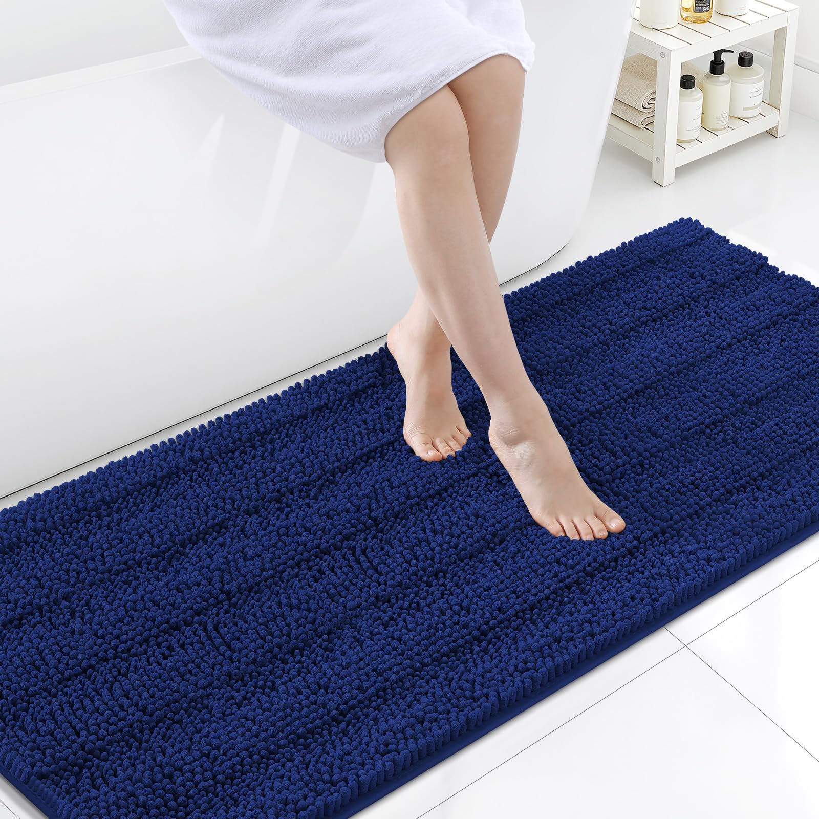 Grandaily Chenille Bathroom Rugs 70x24, Soft Absorbent Bath Mats, Navy Blue