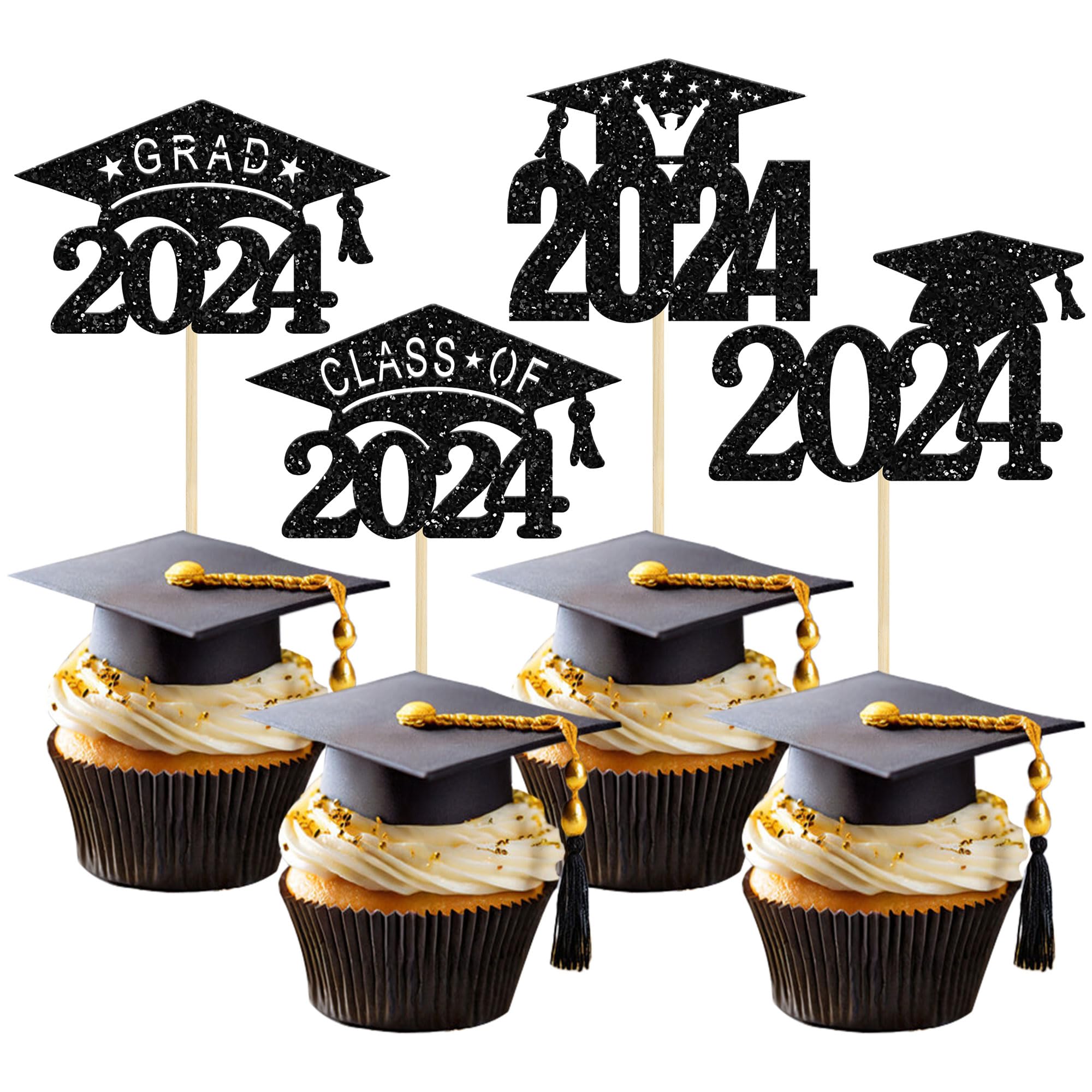 24 Pack Black Glitter 2024 Graduation Cap Cupcake Toppers Class of 2024 Grad Cap Cupcake Picks for 2024 Graduation Theme Party Cake Decorations Supplies